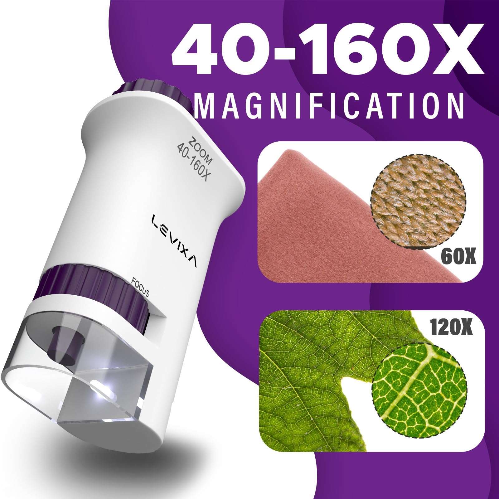 Levixa Pocket Microscope – 40x-160x Mini LED Handheld Lab Microscope with 3 Prepared Slides – Portable Tool for Learning, Education and Science Exploration 3