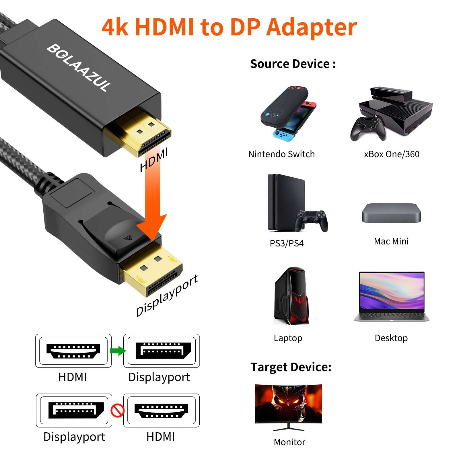 BolAAzuL Active 4K HDMI to Displayport 1.2 Converter Adapter Cable, from HDMI Source to DisplayPort Monitor Cable - Unidirectional M/M - for PS3/PS4/TV/Monitor/Projector 3