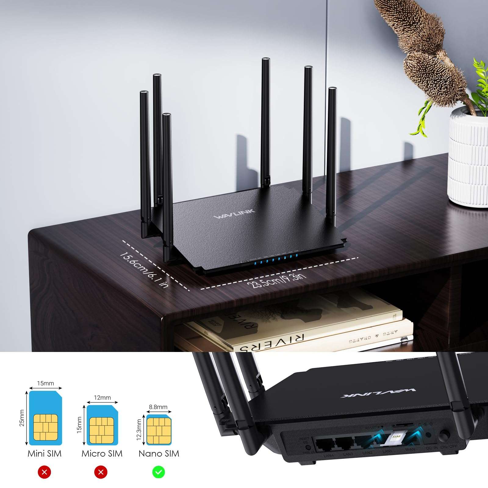WAVLINK 4G Router with SIM Card Slot, AC1200 LTE WiFi Router, 6x5dBi High Gain Antennas, Cat4, WPS, Full Gigabit Ethernet Ports, Support Router/4G Router/Mix Mode, Qualcomm Chipset, Nano SIM Card Slot 4