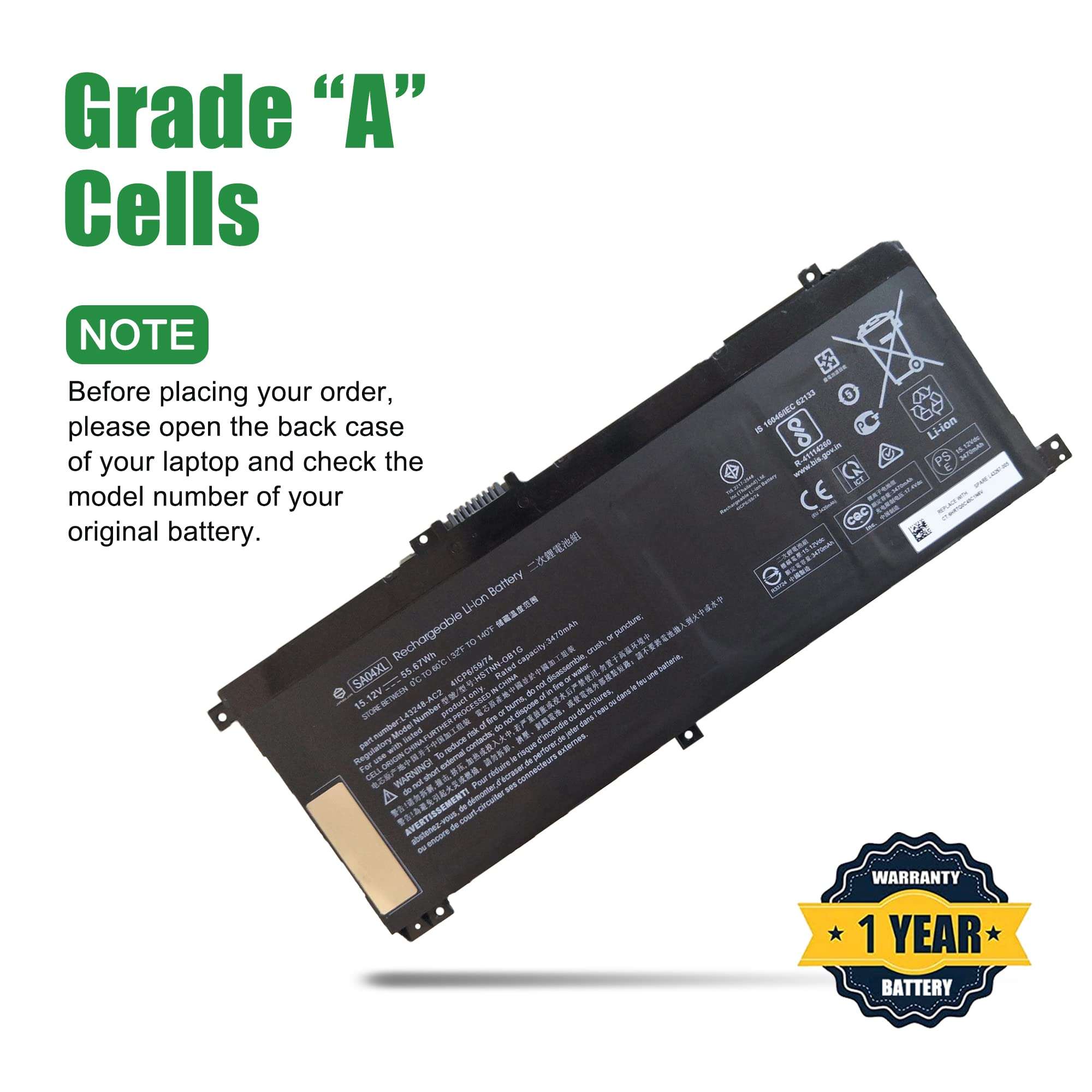 JIAZIJIA SA04XL Laptop Battery Replacement for Hp Envy X360 15-DR 15-DR0010TX Series HSTNN-OB1G L43248-AC2 L43267-005 HSTNN-LB8O L43248-421 824561-001 HSTNN-UB7U L43248-541 15.12V 55.67Wh 3470mAh 4