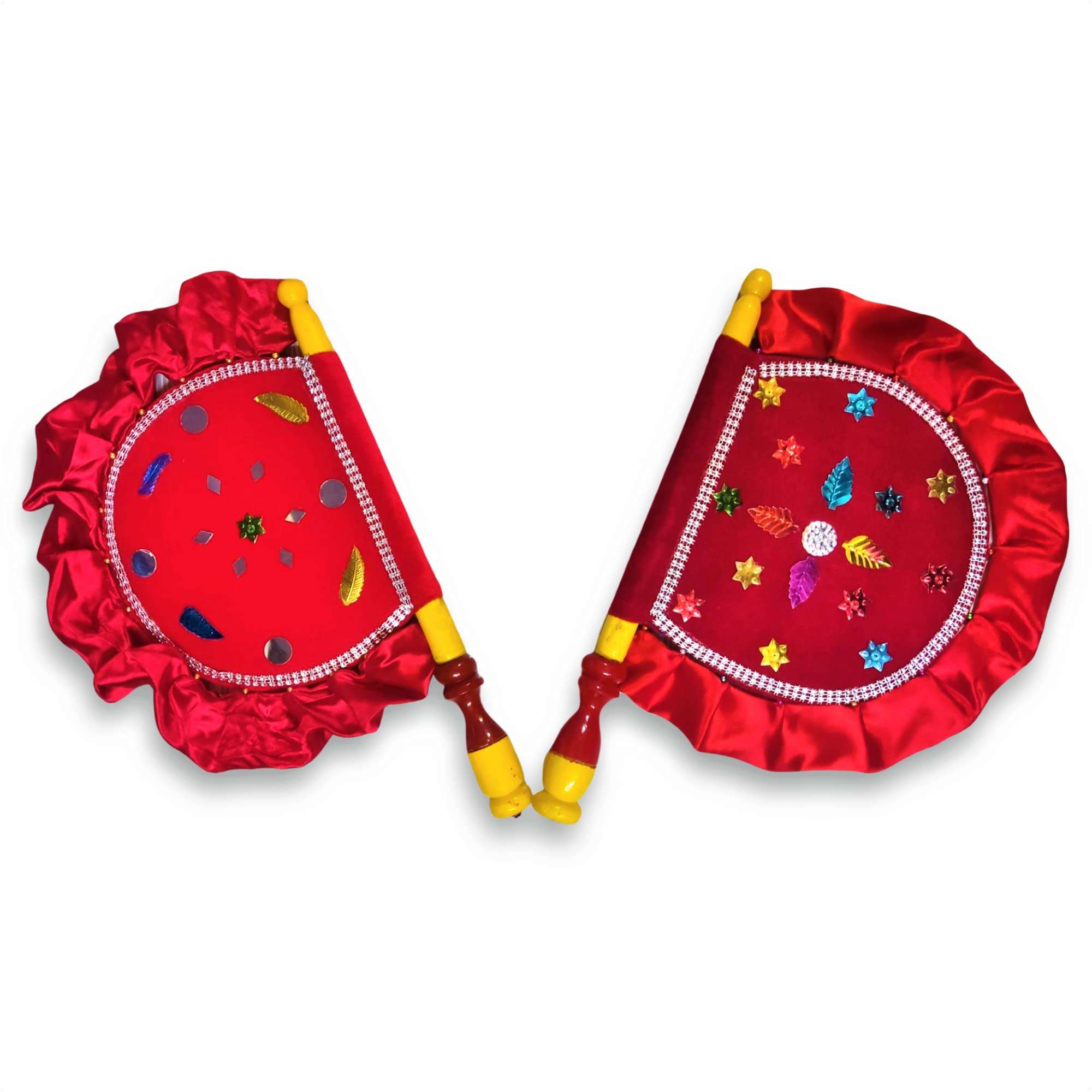 Stonsell Wooden Handcrafted Hand Fan/Beejna Pankha with Valvet Cloth, Royal/Punjabi Hand-Fan with Wooden Handle for Home Décor & Travel use (Multi-Color) (Red) 3