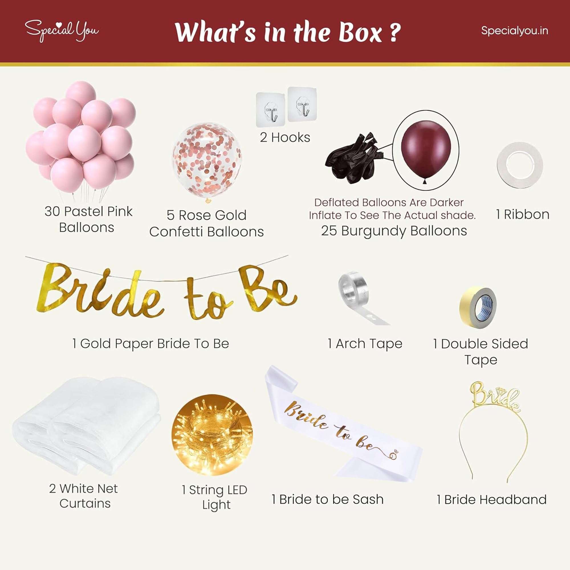 SpecialYou Bride to be Decoration Items with bride to be sash & Headband- 71 Pcs, Burgundy & pink balloons for Decoration, Props, bridal shower decorations kit 3