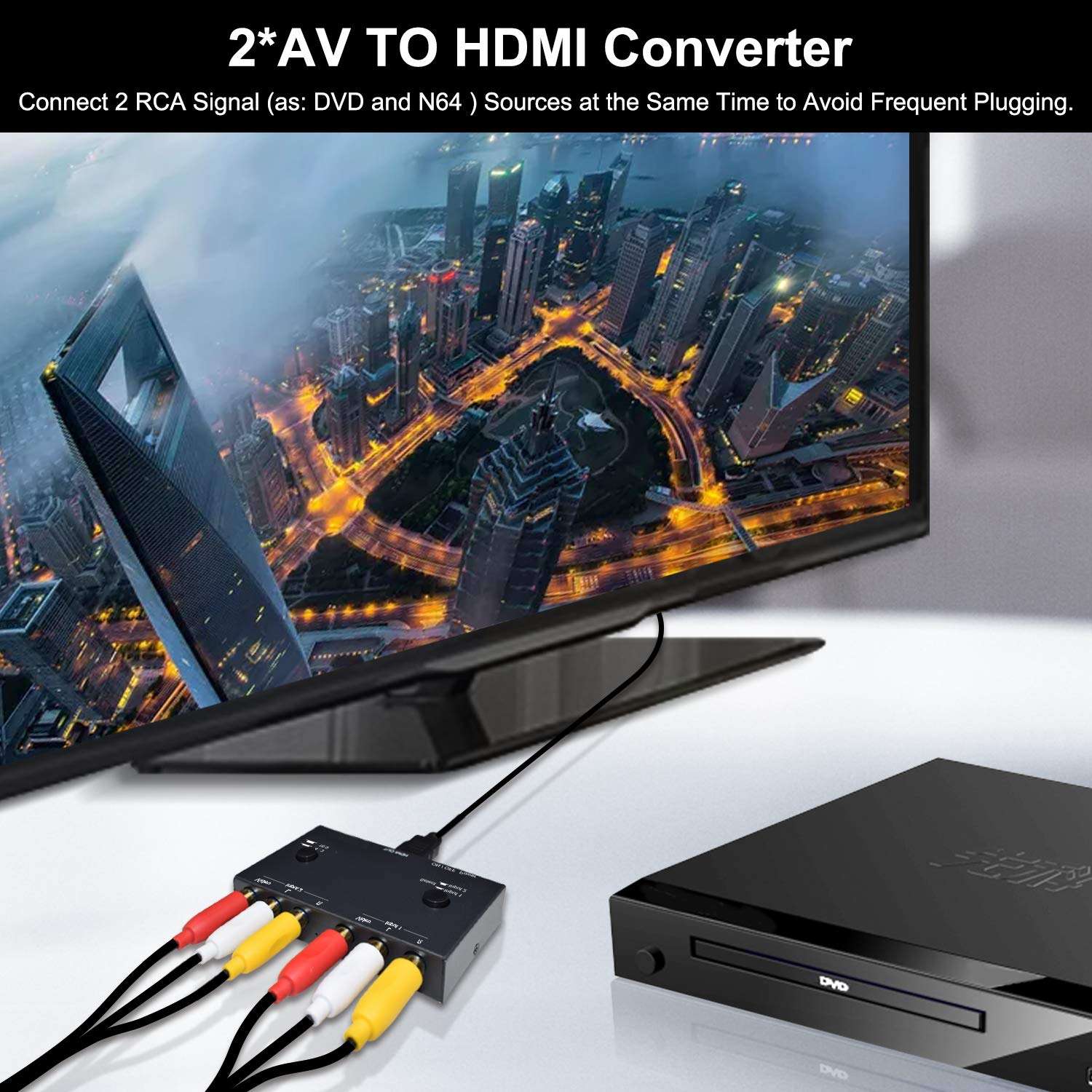 Azduou 2 AV to HDMI, 1080P/720P TV 2 Way RCA Composite CVBS AV Switch to HDMI Video Audio Converter Adapter Support 4:3/16:9 Switching, for Sega Xbox PS2 PS3 N64 NGC SNES WII VHS VCR Camera DVD 6