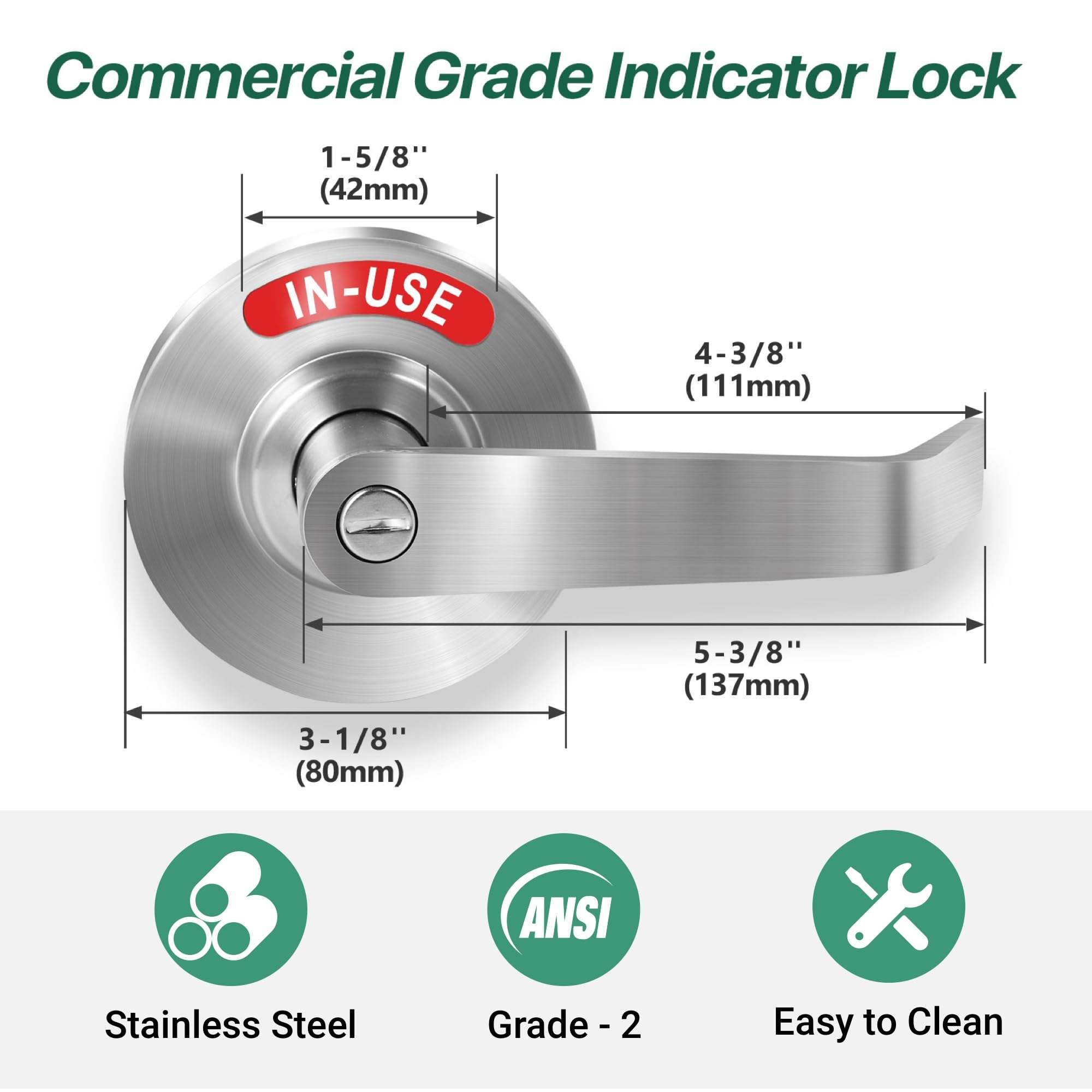 Onedaful Cuzofu Commercial Privacy Indicator Door Lock, Occupied Bathroom Door Handle, Vacant or in-use Large Door Lever Deadbolts, ANSI Grade2, for Restrooms, Office Buildings (Satin Chrome) 6