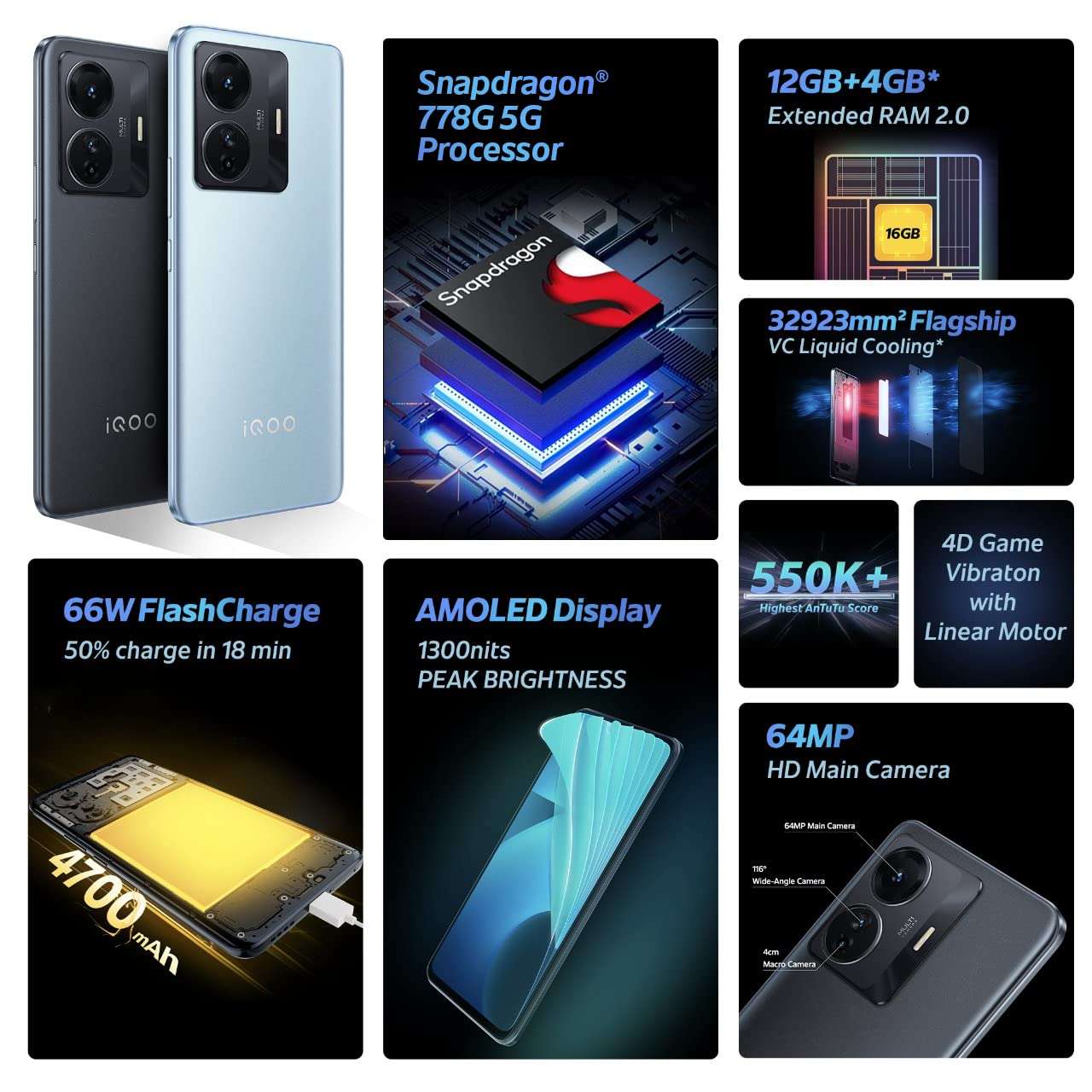 iQOO Z6 Pro 5G by vivo (Legion Sky, 6GB RAM, 128GB Storage) | Snapdragon 778G 5G | 66W FlashCharge | 1300 nits Peak Brightness | HDR10+ 3