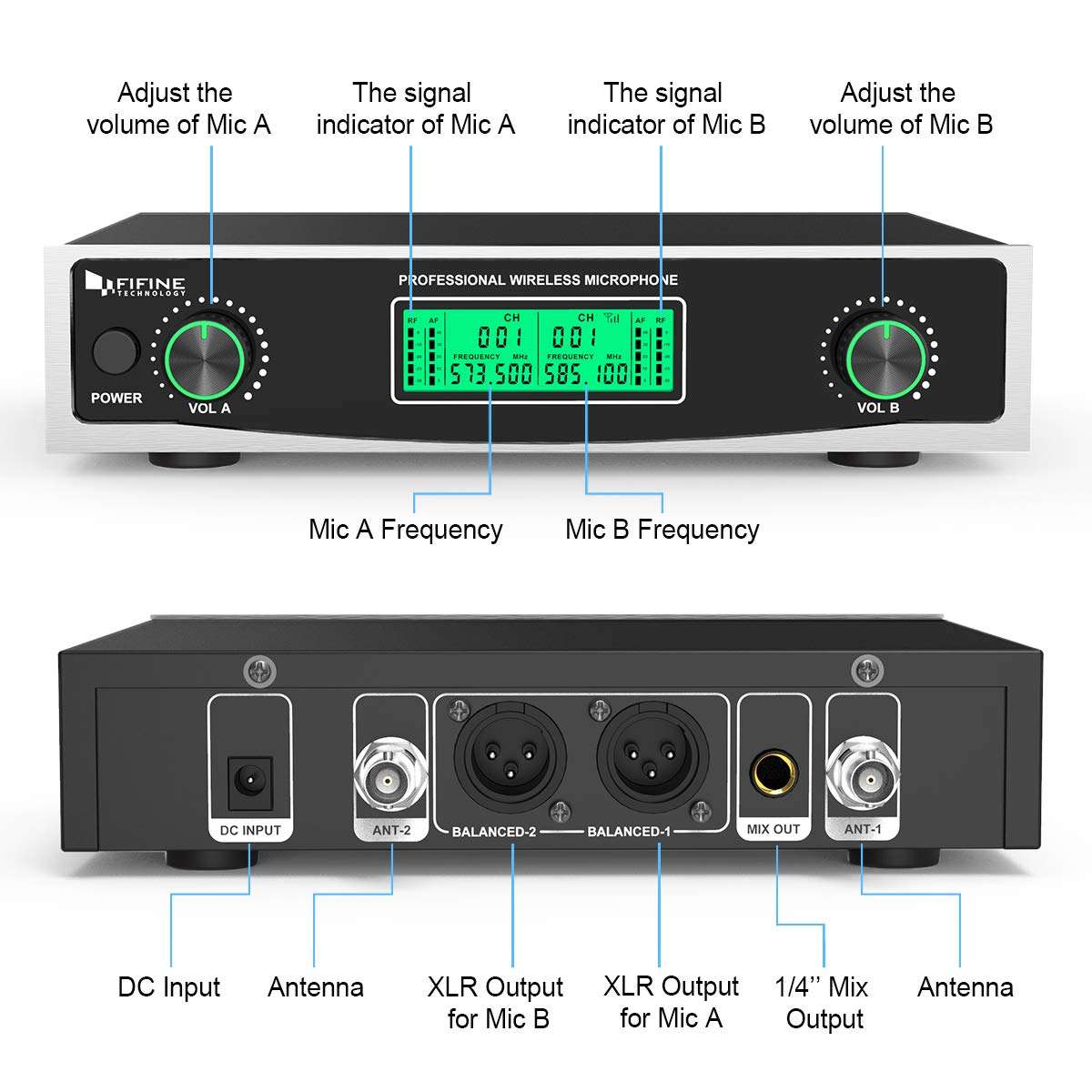 Fifine Wireless Microphone System, Two Handheld Dynamic Cordless Mic and Dual Channel Receiver, 50 Selectable UHF Frequency for Karaoke Singing Party,Church,DJ,Wedding,School Presentation.(K040) 2