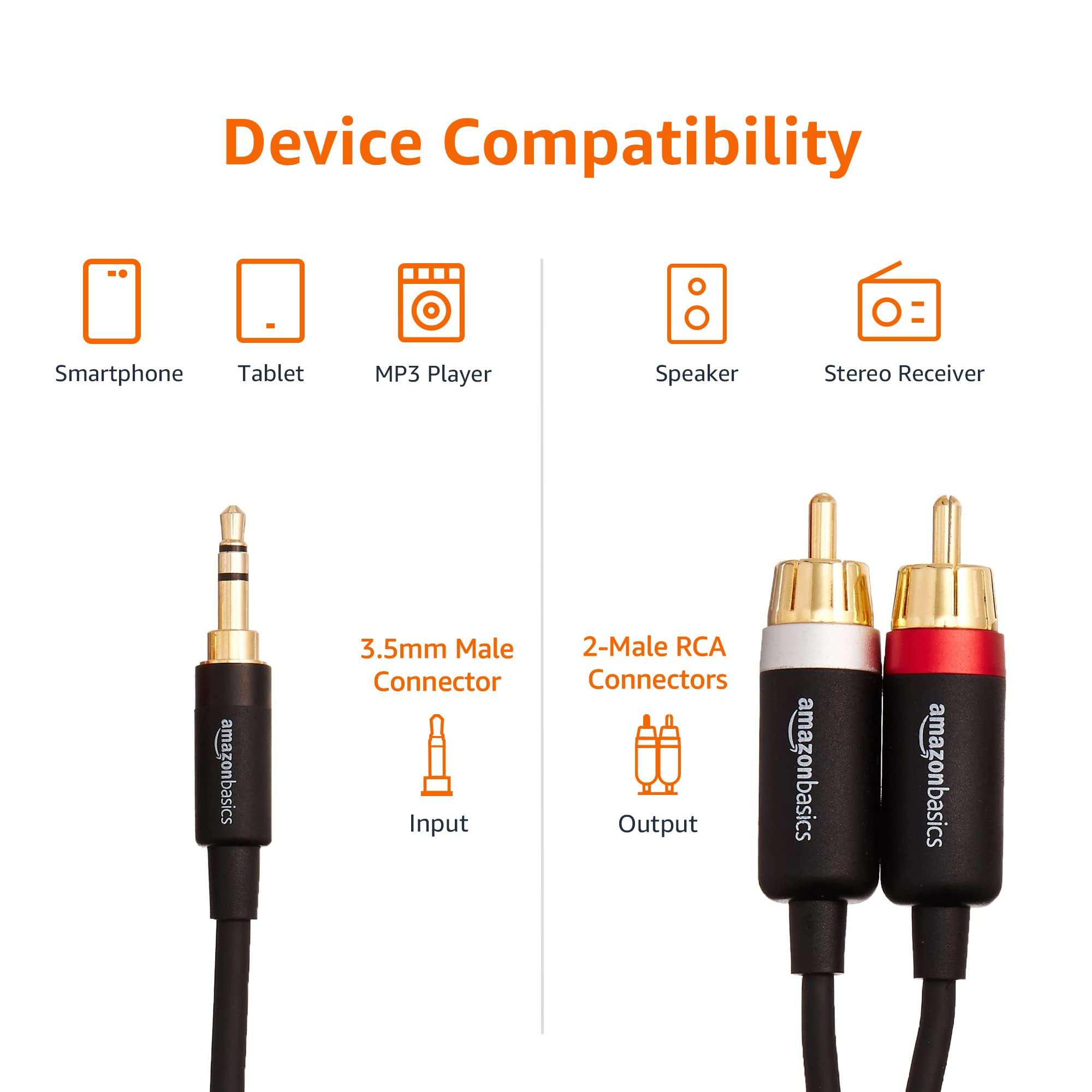 Amazon Basics 3.5mm Stereo Aux to 2 x RCA Audio Cable Adapters, 4 Feet/1.2 m, for Connecting Amplifiers, Speakers, with Gold-Plated Plugs, Black 3