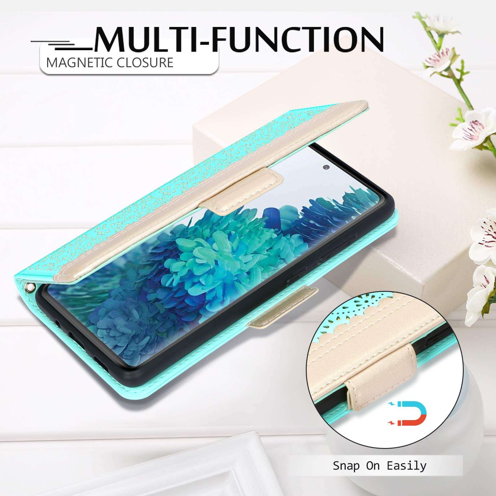 WWW Wallet Case for Samsung Galaxy S20 FE 5G 6.5",[Luxurious Romantic Carved Flower] Leather Wallet Case with [Inside Makeup Mirror] [Card Holder Slots] for Samsung Galaxy S20 FE 5G (2020) Mint Green 4