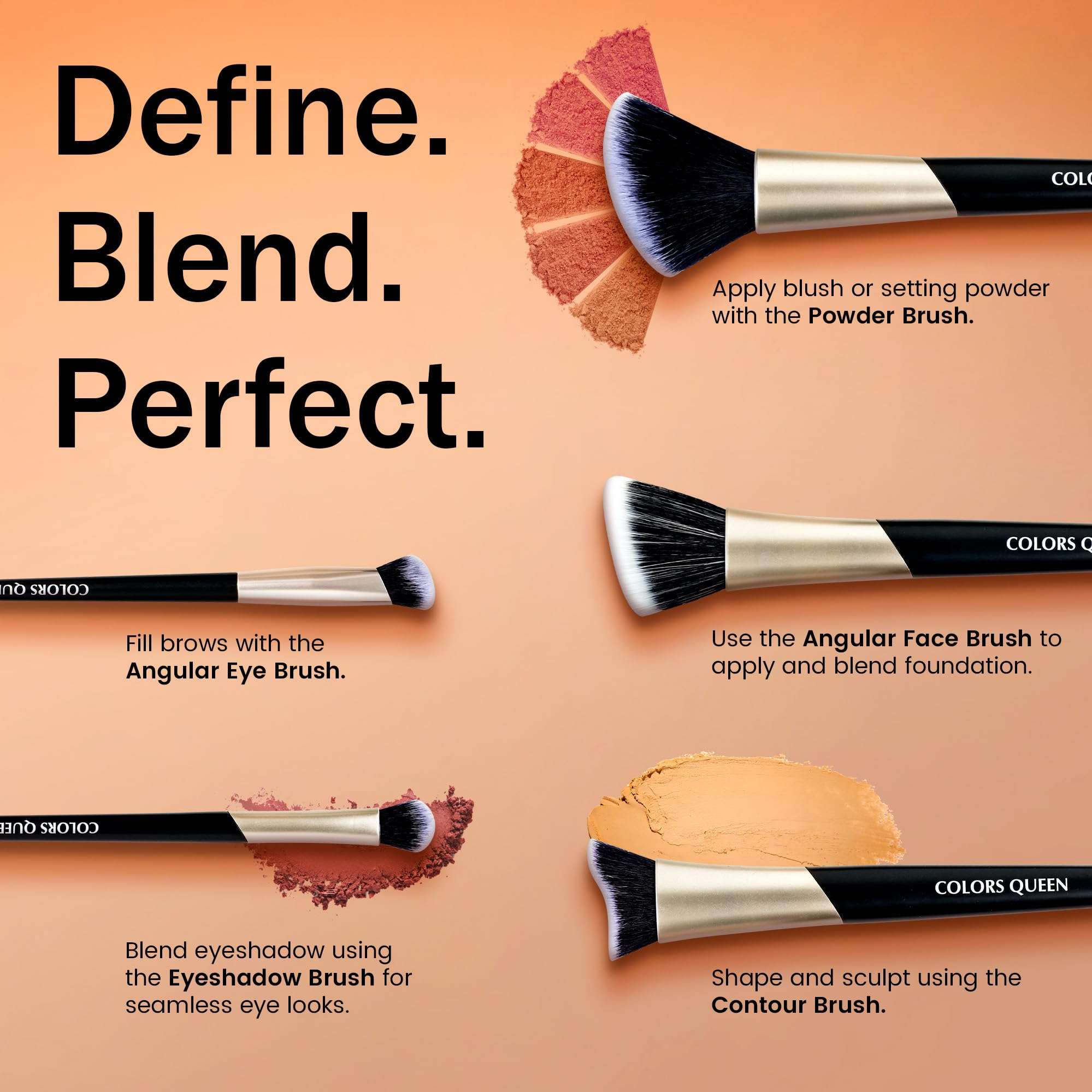Colors Queen Pro Beauty Face & Eye Makeup Brush Set of 5 | Easy to Hold & Precise Application | Lightweight & Durable Makeup Brush for Cream, Liquid & Powder Formulation (Black & Gold, Pack of 5) 4