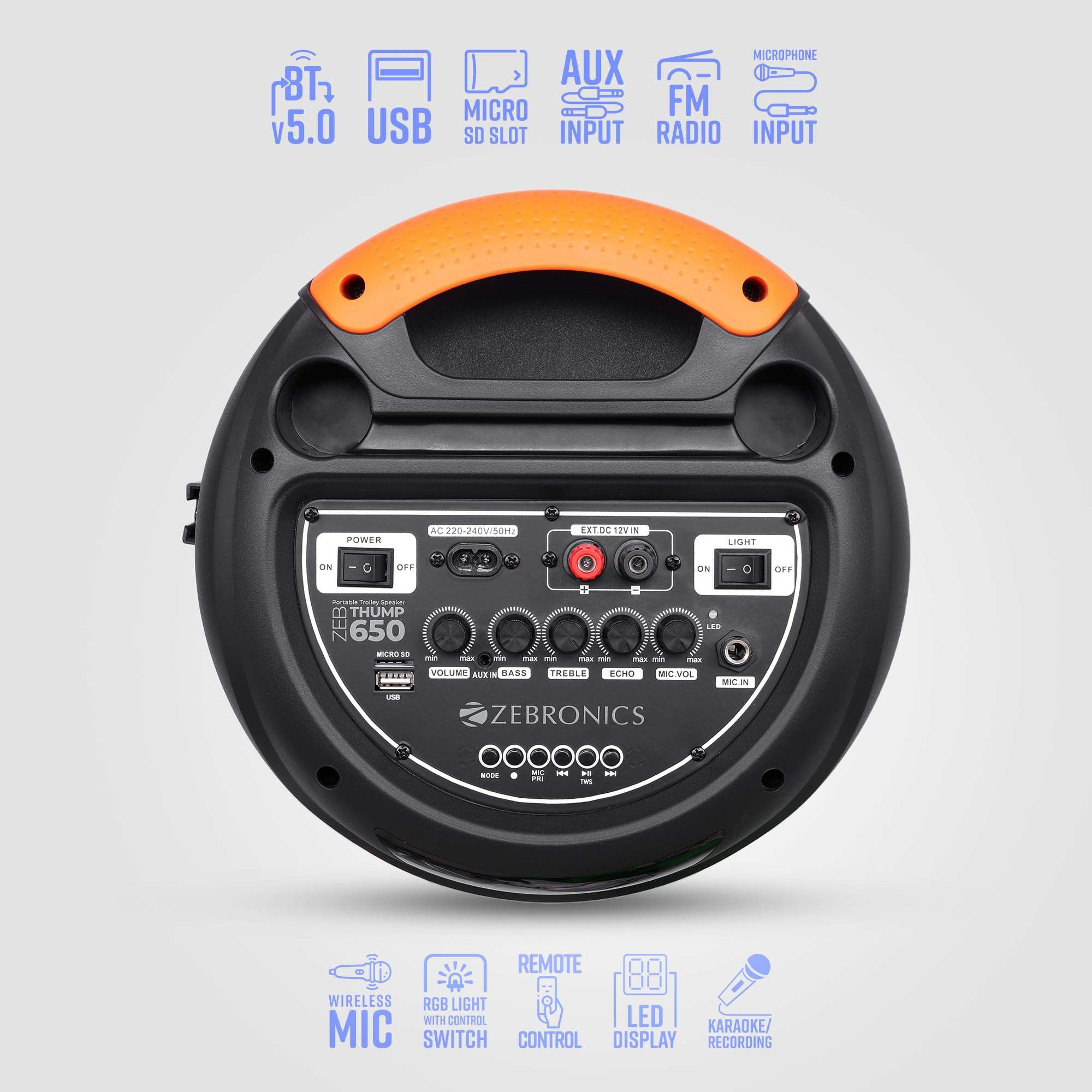 ZEBRONICS Thump 650 Trolley Party Speaker with 40W Output, Bluetooth 5.0, USB, mSD, AUX, FM, TWS, Wireless MIC, Full Panel Light Effect, LED Display, Up to 15h* Backup 5