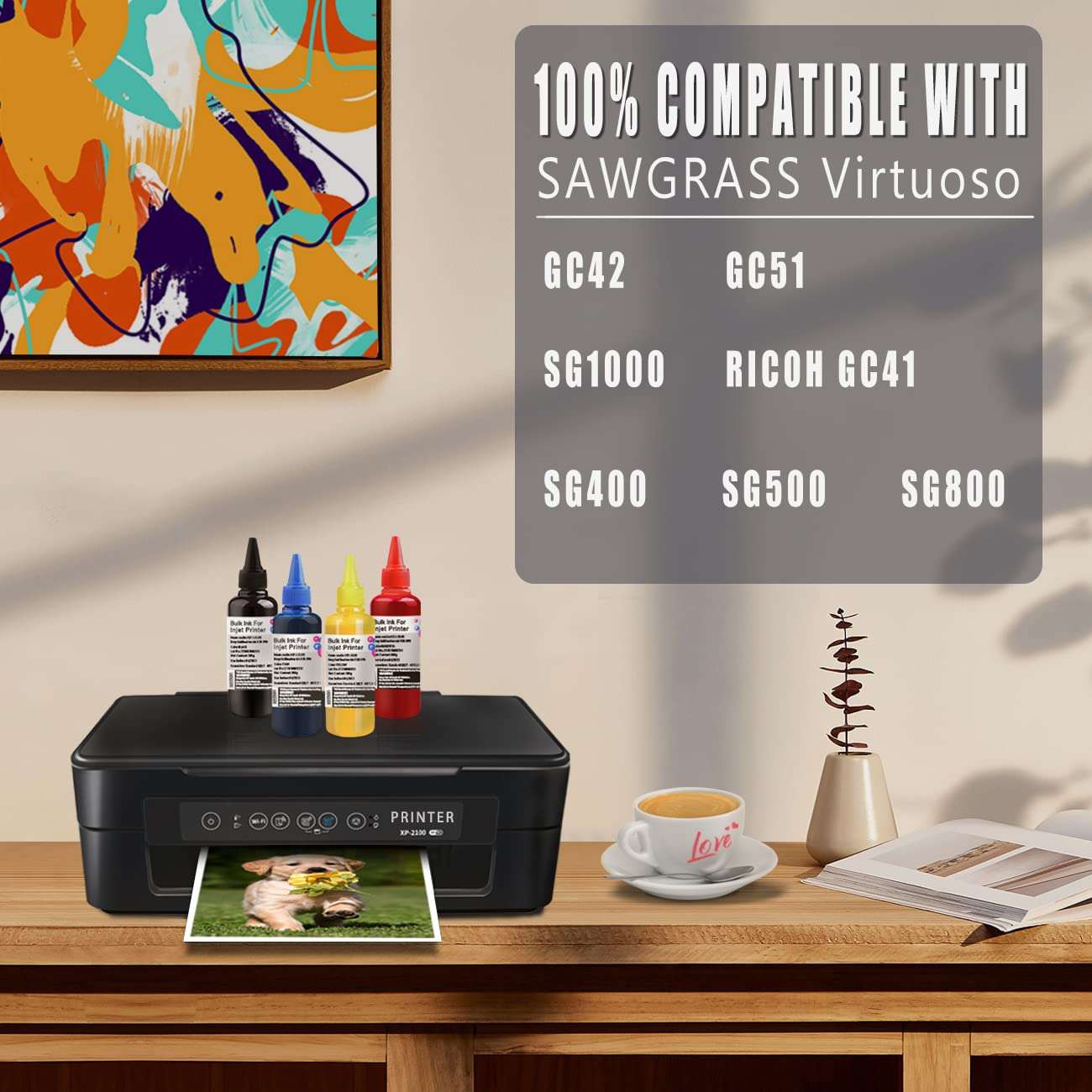 KSI Heat Transfer Printer Ink Sublimation Ink Compatible with SAWGRASS Virtuoso SG400 SG500 SG800 SG1000 and RICOH GC41 GC42 GC51 Printers (Black, Cyan, Magenta, Yellow) 100ML4 PCS 2