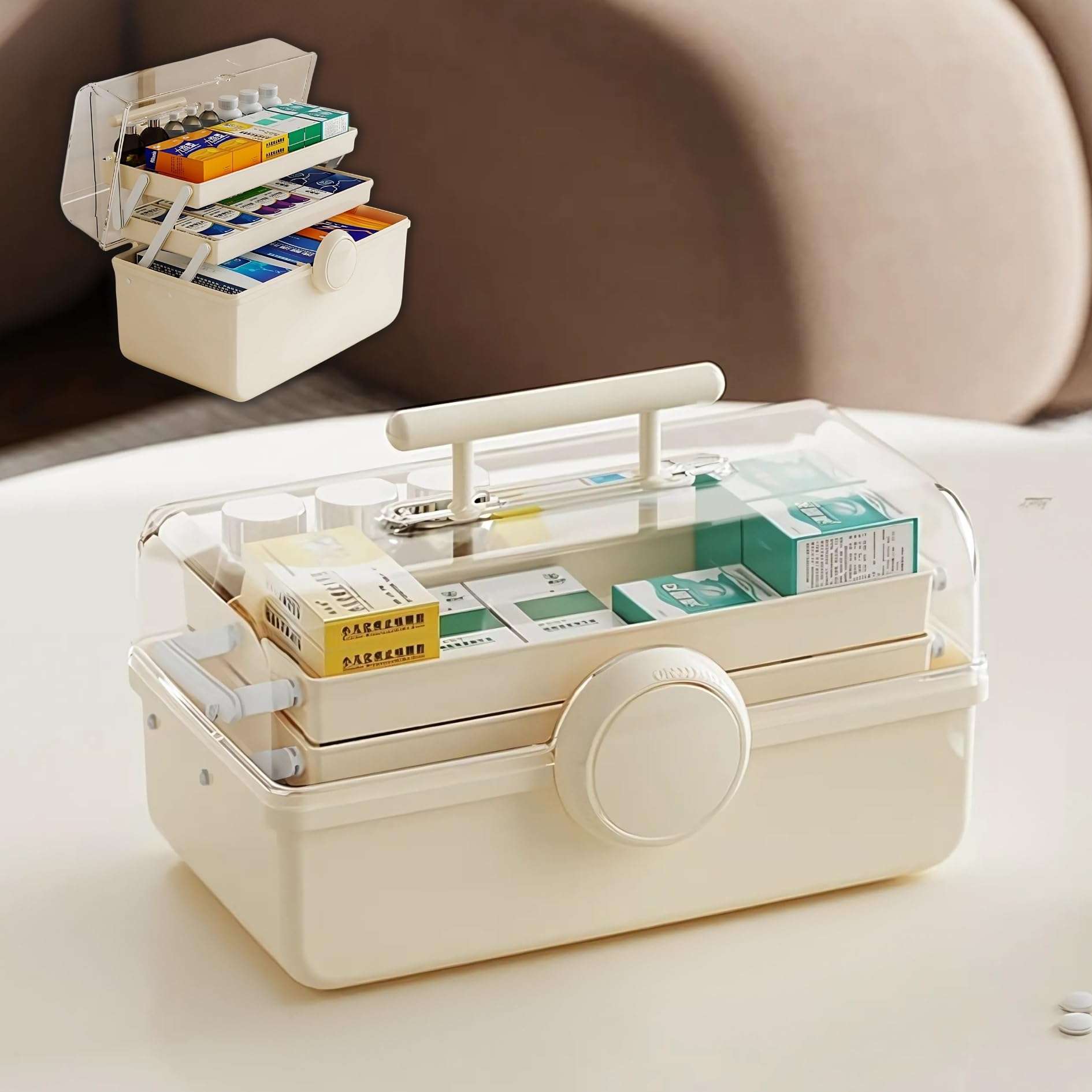 KREPS® Plastic Medicine Box, Emergency Portable First Aid Kit, Medical Box, Multi Purpose Storage Box, Multi Utility Storage with Handle. (Cream) 1