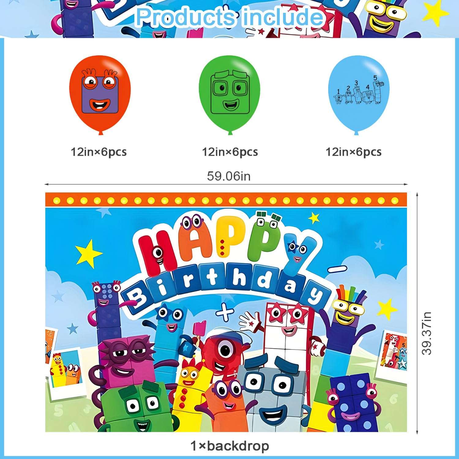 Number Birthday Party Decoration,Block Party Photo Background 5 x 3 FT and 18 Pcs Balloon,Merch Party Backdrop Supplies 3