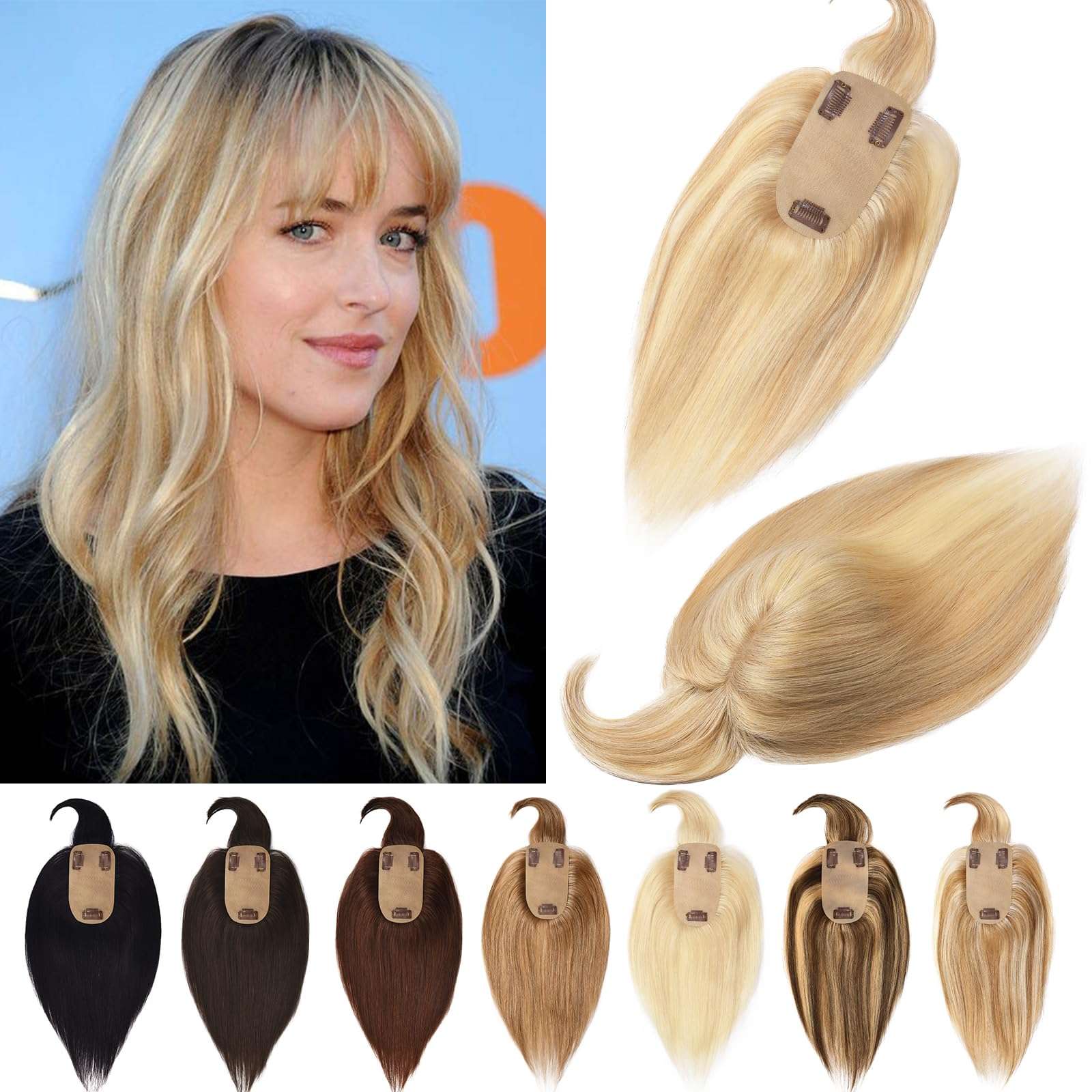 RICH BRIA Hair Toppers for Women with Thinning Hair Real Human Hair with Bangs Toppers Hair for Women Hair Toppers with Bangs for Hair Loss Grey Hair 10" #18P613 Ash Blonde mix Bleach Blonde 1