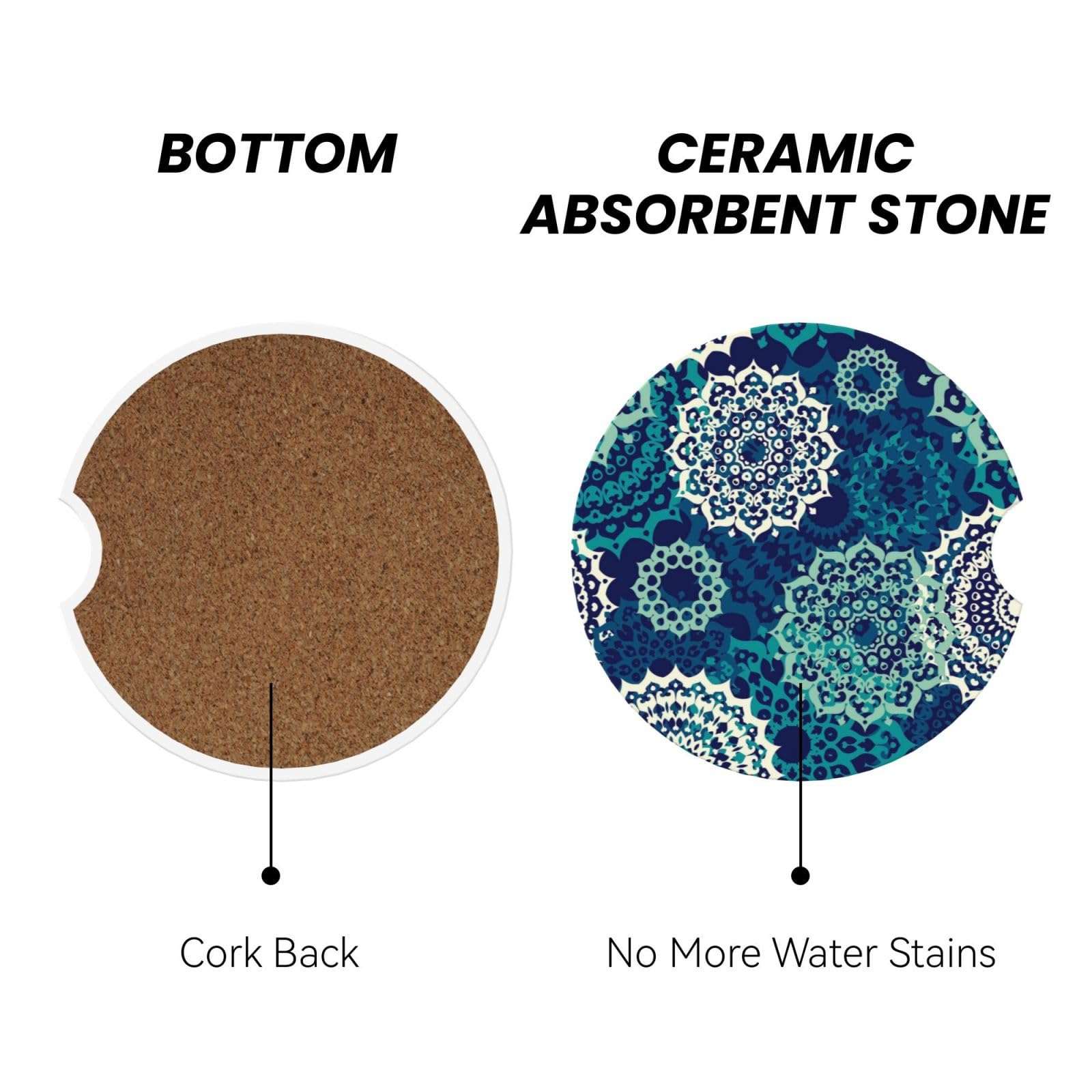 Xiso Ver Bohemian Mandala Car Cup Coasters 2 Pack Ceramic Cup Holders 2.56" Cork Base Drink Coasters with Finger Notch for Easy Move of Car Cup Holder 3