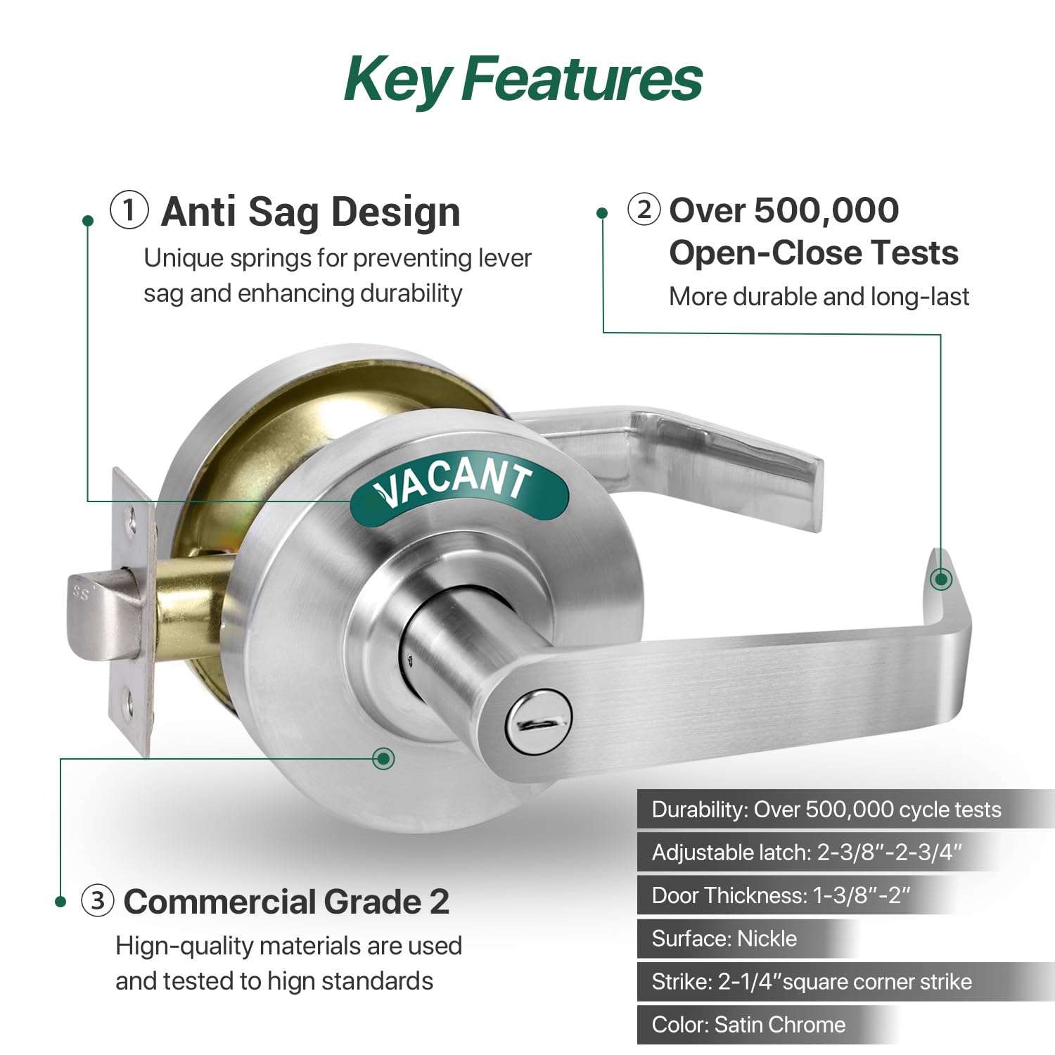 Onedaful Cuzofu Commercial Privacy Indicator Door Lock, Occupied Bathroom Door Handle, Vacant or in-use Large Door Lever Deadbolts, ANSI Grade2, for Restrooms, Office Buildings (Satin Chrome) 4