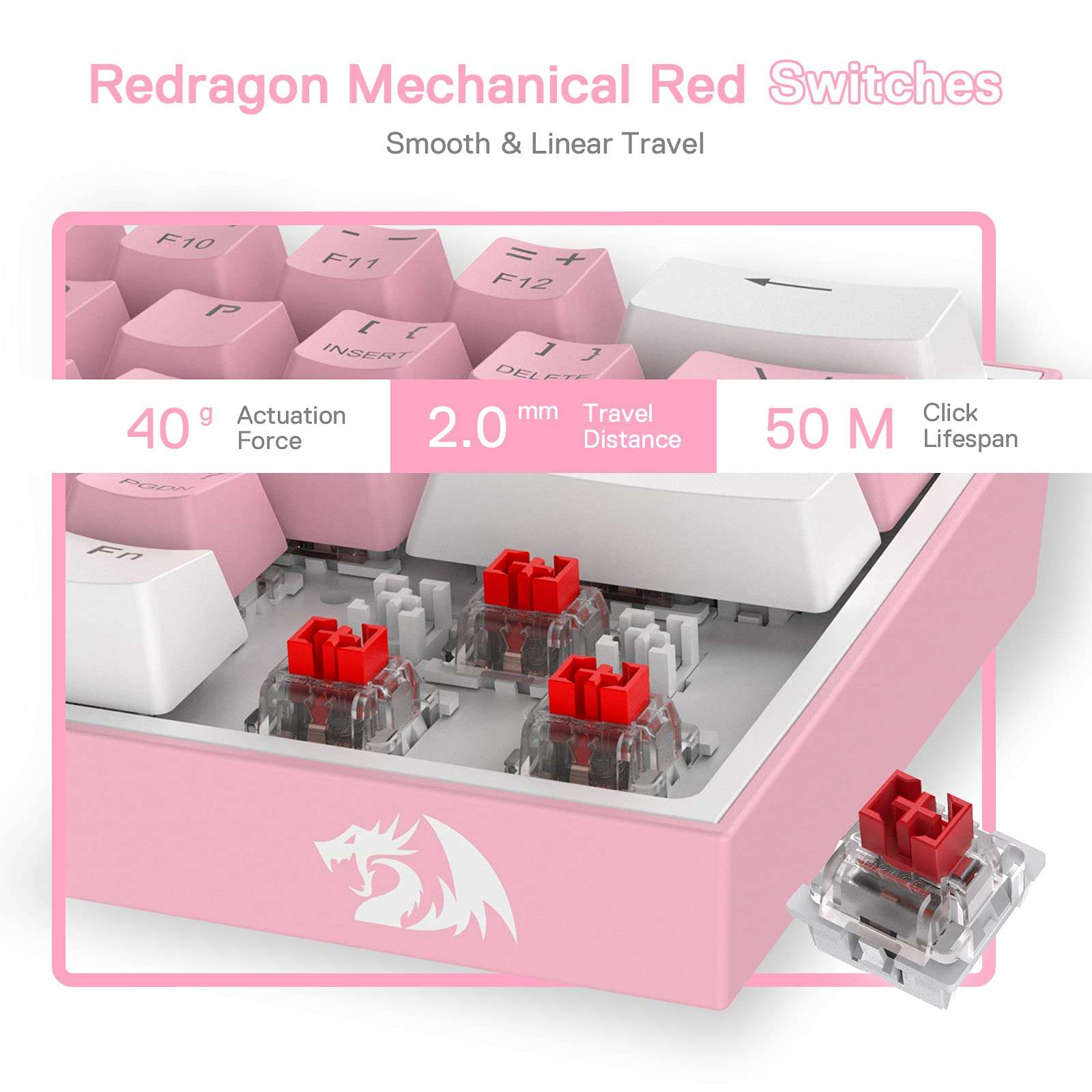 Redragon K617 Fizz 60% Wired RGB Gaming Keyboard, 61 Keys Hot-Swap Compact Mechanical Keyboard w/White and Pink Color Keycaps, Linear Red Switch, Pro Driver/Software Supported 5