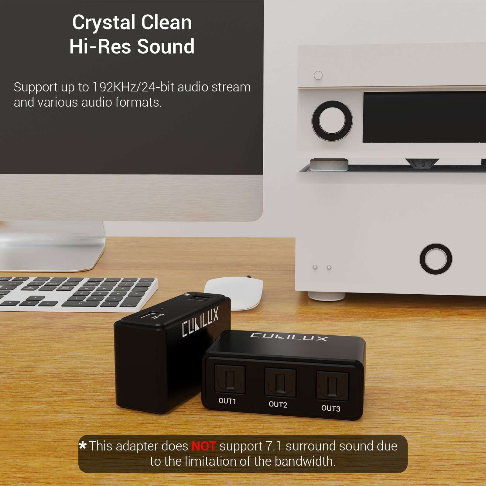 Cubilux 1-in 3-Out S/PDIF Splitter [Ultra-Low Jitter, USB C Powered] 3-Way Toslink Optical Audio Adapter for HDTV, Xbox One/360, PS4/PS3, CD/DVD/Blu-Ray Player, Home Theatre, Headphones, Soundbar 4