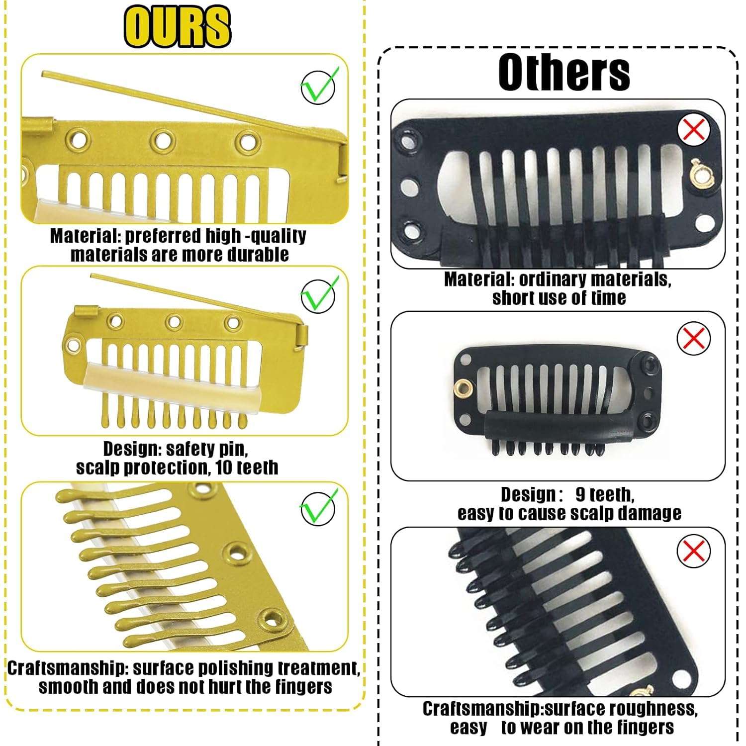 INHEAVEN 100 Pieces Chunni Clips with Safety Pins 10 Teeth Wig Clips Strong Dupatta Grip Clip Flat Dupatta Setting Clips Hair Extension Clips for Woman Hijab Veil Hair Extensions Hairpieces (Gold) 4