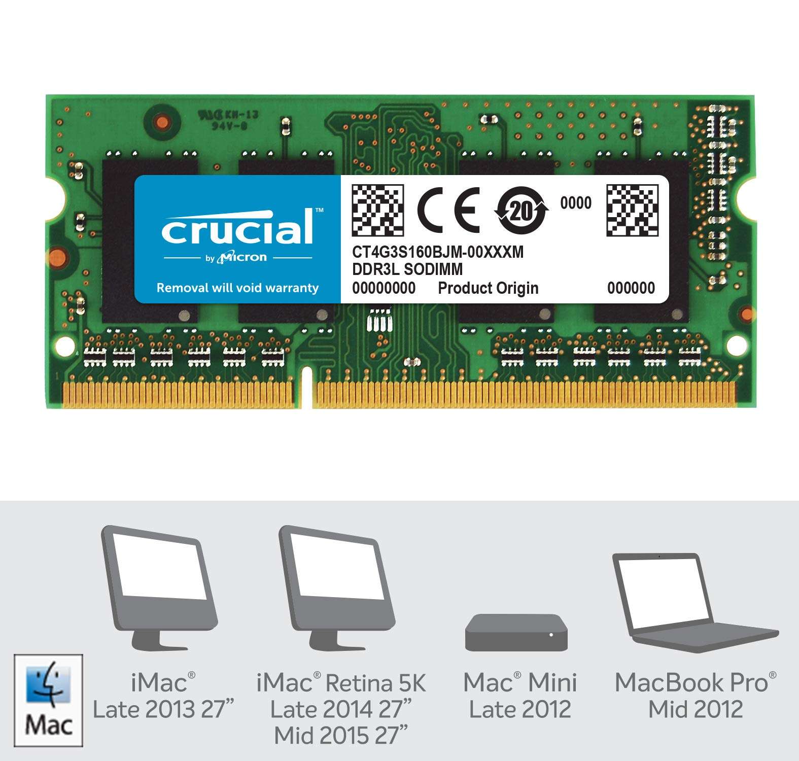 Crucial 4GB, 204-pin SODIMM, DDR3 PC3-12800, 2