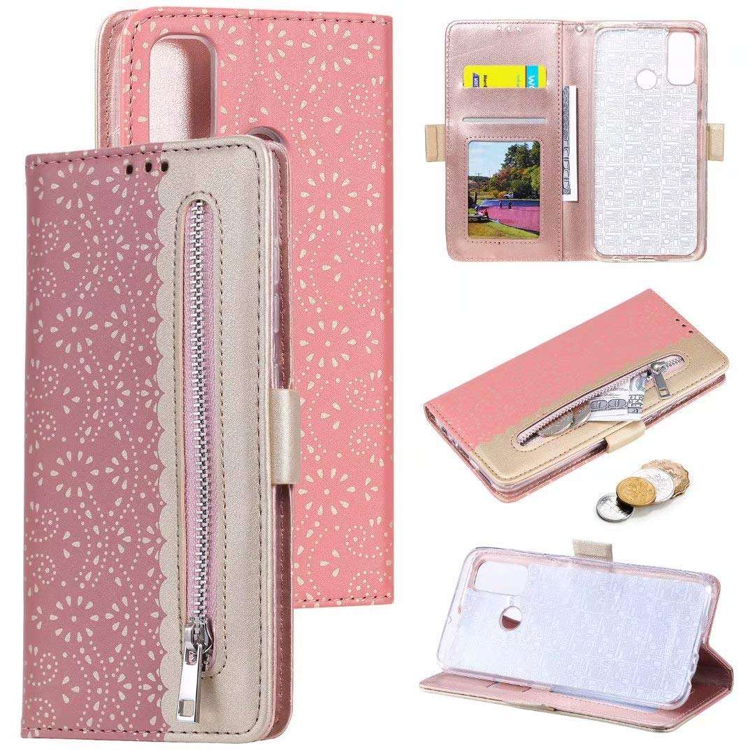ZCDAYE Zipper Wallet Case for Galaxy A21S,Fabulous Glossy Pattern Magnetic Closure PU Leather [Bowknot Lanyard][Kickstand][Card Slots] Soft TPU Book Case Cover for Samsung Galaxy A21S-Rose Gold 1