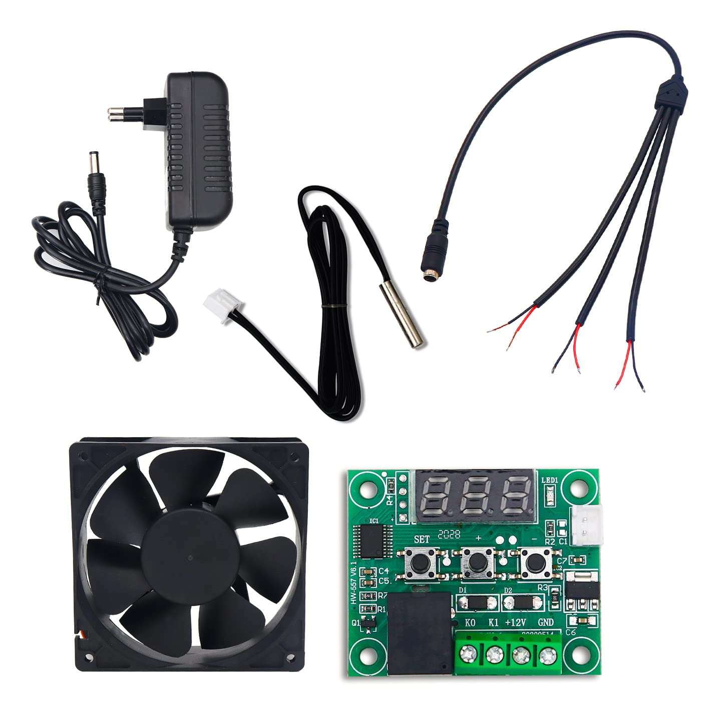Electronic Spices Combo of Xh-w1209 Temperature Controller Thermostat Module With Probe, 3 Inch 12v Dc Exhaust Cooling Fan, 3.5mm Female Jack With 3 Connection and 12v 1a Dc Power Supply Adapter