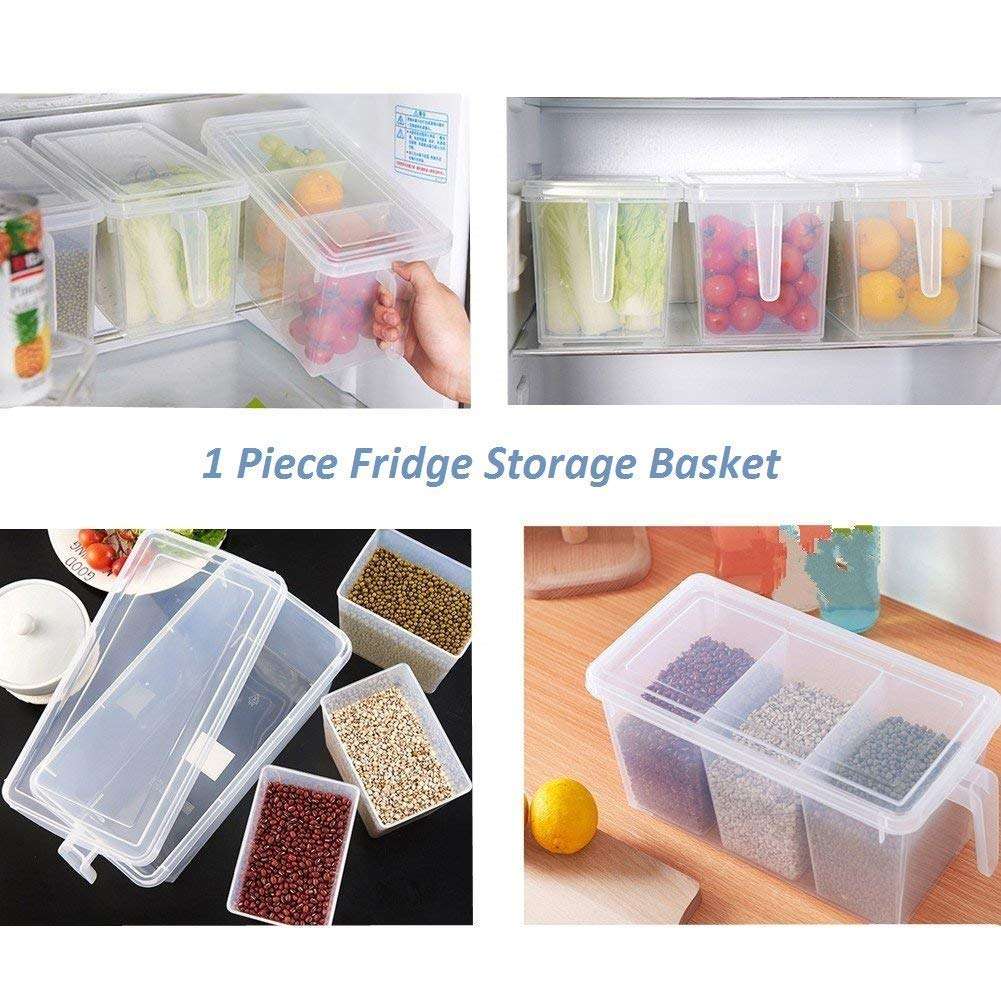 Black SEA Refrigerator Organizer Container Square Handle Food Storage Organizer Boxes - Clear with Lid, Handle and 3 Smaller Bins - 3 L Plastic Fridge Container (1pcs) 4