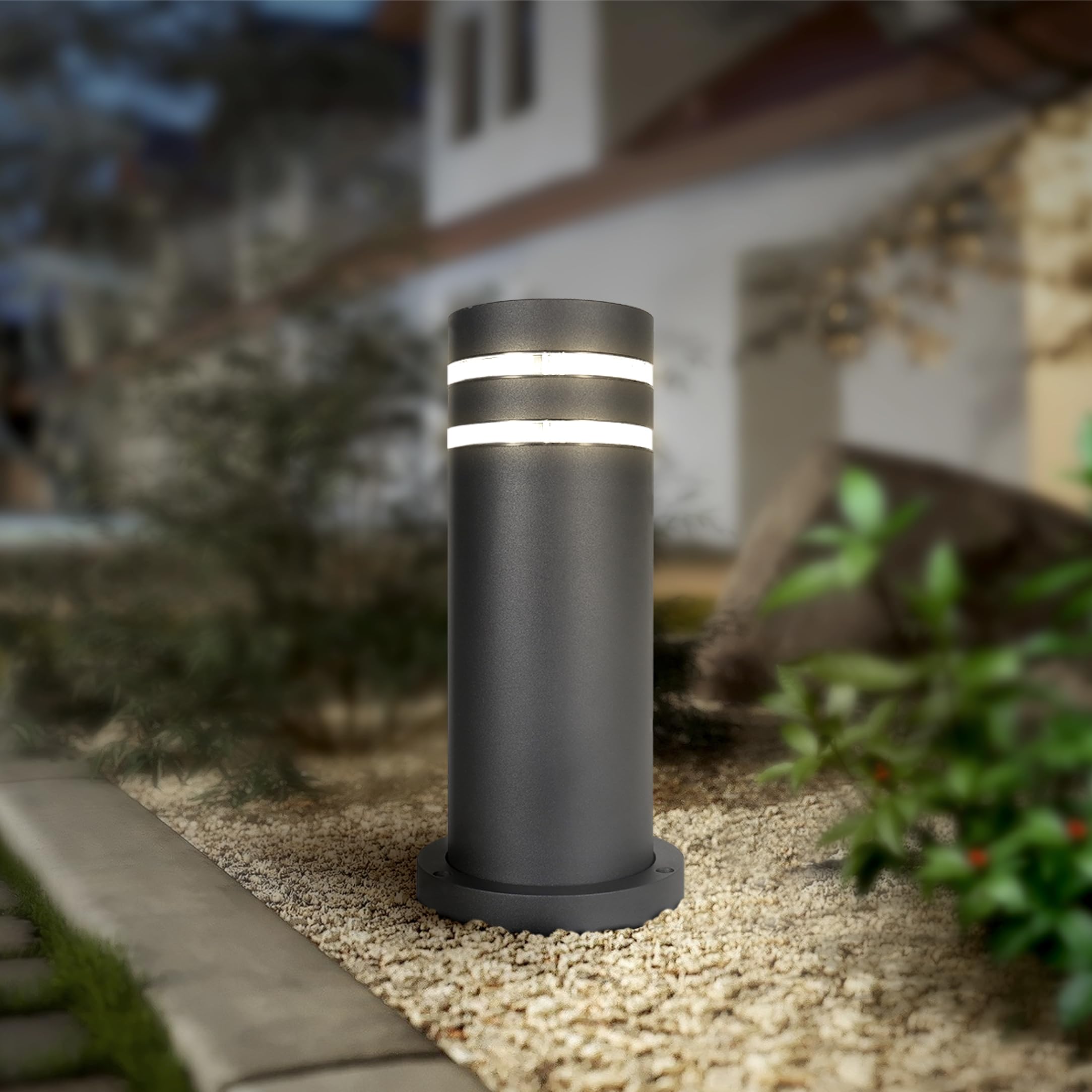 ASD 12 Inch Round Bollard Light Fixture | 60W E26 Socket 120V | Dimmable, Waterproof, LED/CFL/Incandescent Bulbs Compatible, ETL Listed | Outdoor Floor Lantern, Landscape Post Lighting | Black