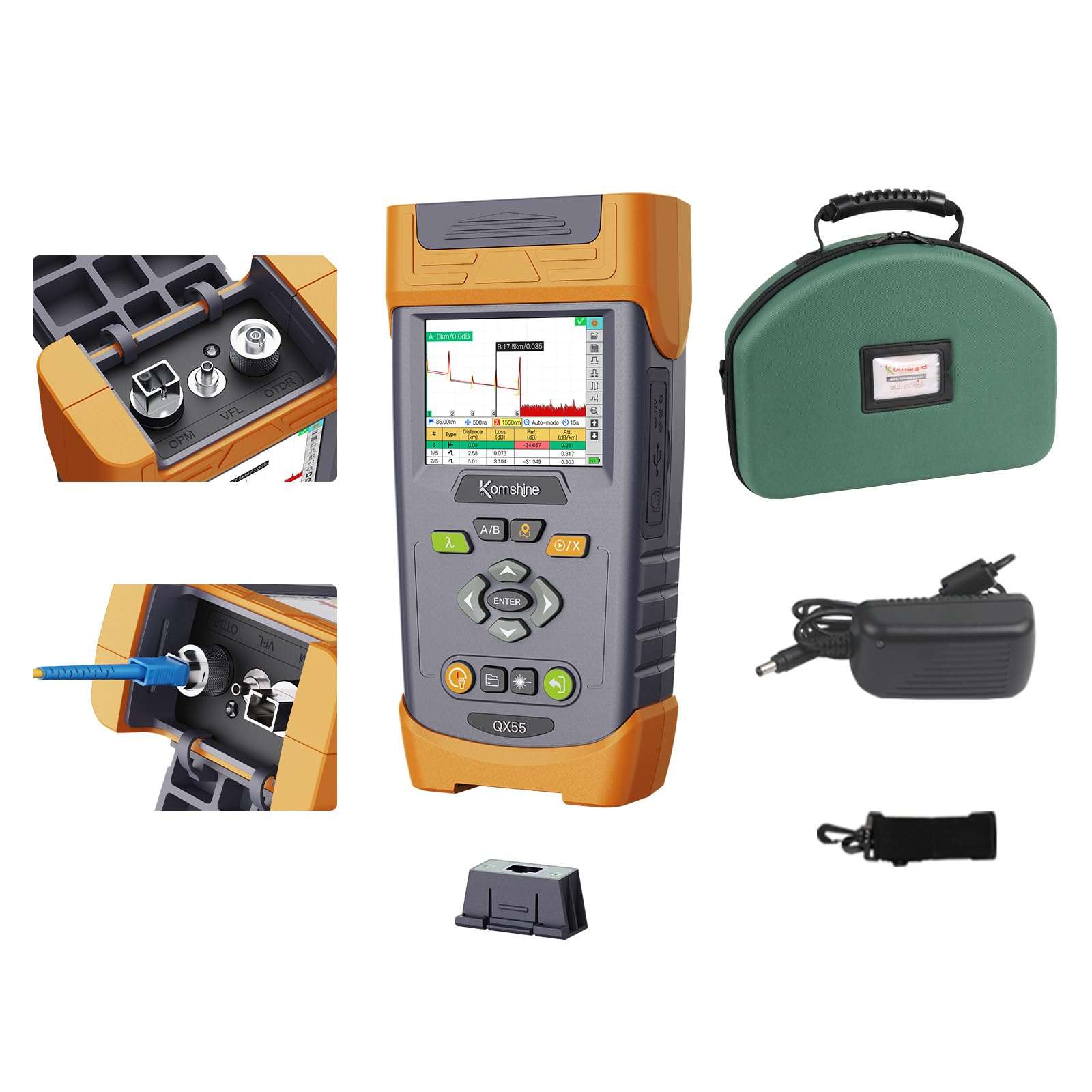 KOMSHINE 1310/1550nm 32/30dB Singlemode OTDR QX55 w/VFL Power Meter OPM SM Light Source + Link Map 1:16 Splitters + RJ45 Networks + Fiber Microscope Inspection Probe 400times for CAT5 CAT6 3