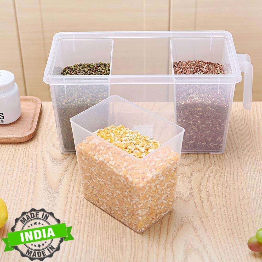 Black SEA Refrigerator Organizer Container Square Handle Food Storage Organizer Boxes - Clear with Lid, Handle and 3 Smaller Bins - 3 L Plastic Fridge Container (1pcs) 3