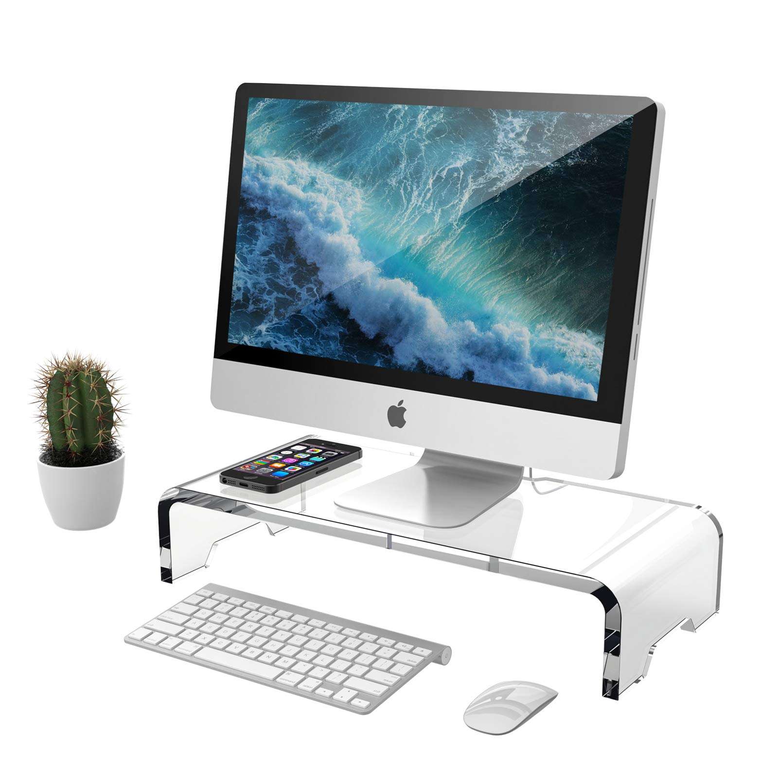 Wisboc Acrylic Monitor Stand 19.69"x 8.66"x 3.95" Clear Monitor Riser PC Desk Stand for Keyboard Storage Laptop Multi-Media TV Screen 1