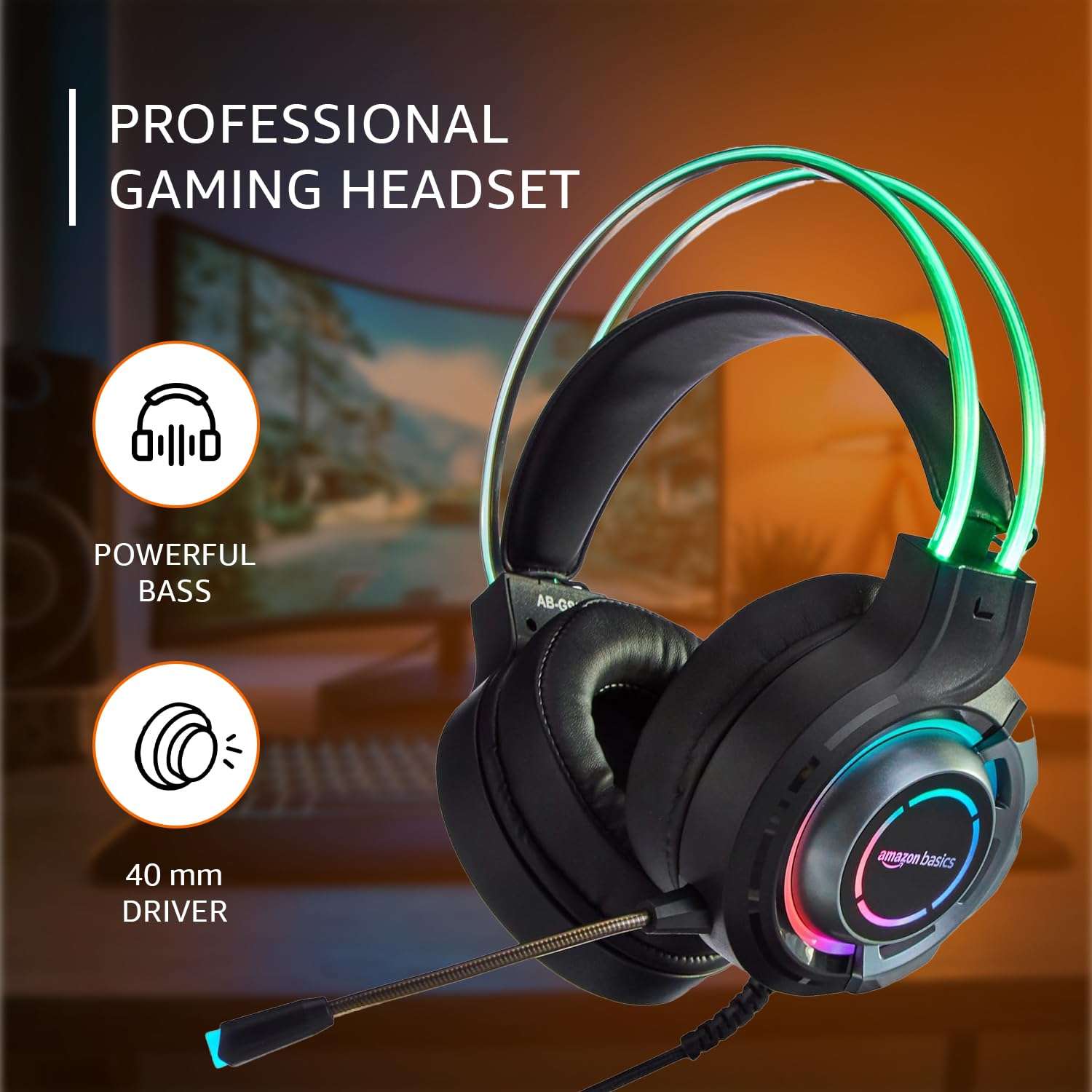 amazon basics RGB Wired Gaming On Ear Gaming Headphone, 2 Meter Braided Cable, with mic, Suspension Design, 3.5mm Connector (USB A only for RGB, Black) 5