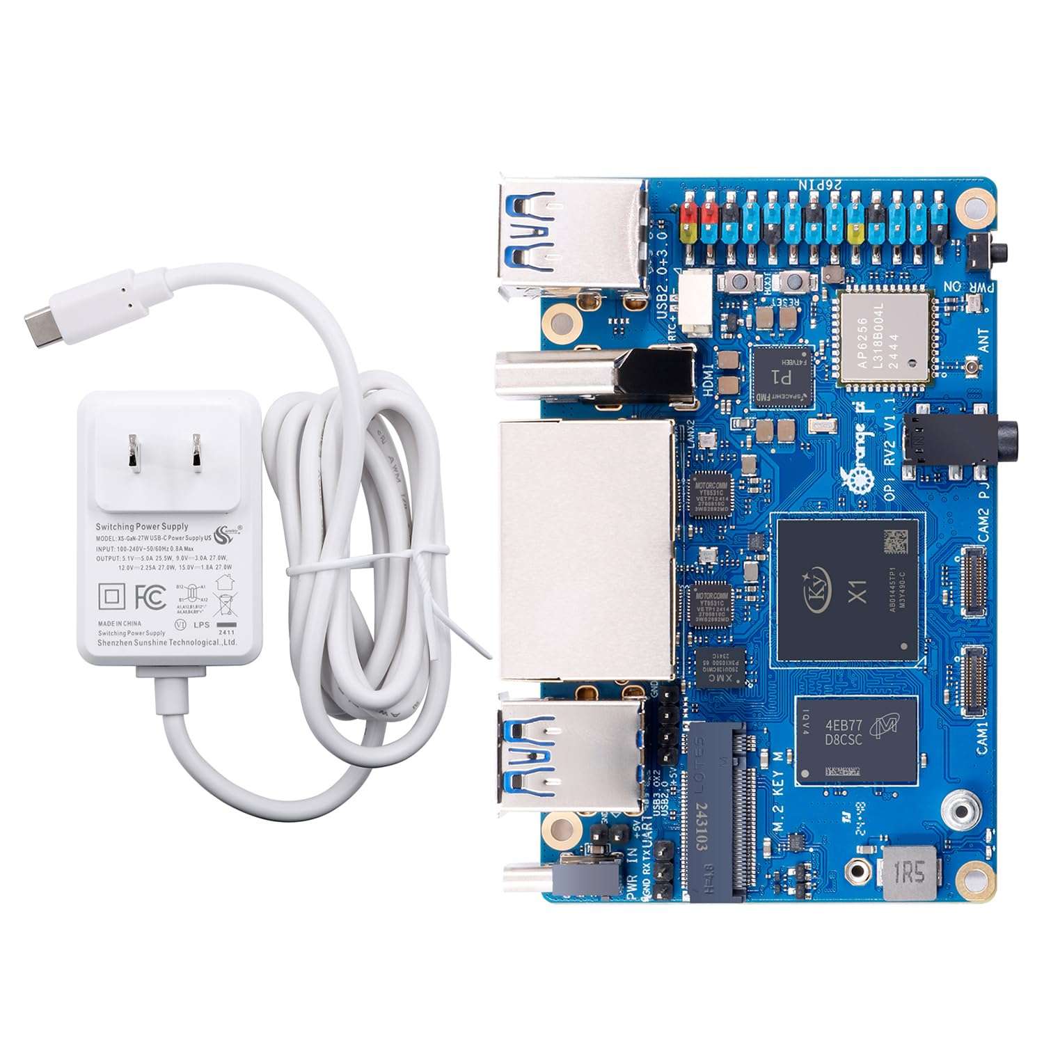 Orange Pi RV2 2GB/4GB/8GB LPDDR4x RISC-V Single Board Computer with 8-Core 64-Bit Processor, Wi-Fi 5.0/Bluetooth 5.0, Development Board Run Linux/Ubuntu/OpenHarmony (4GB+Power Supply) 1