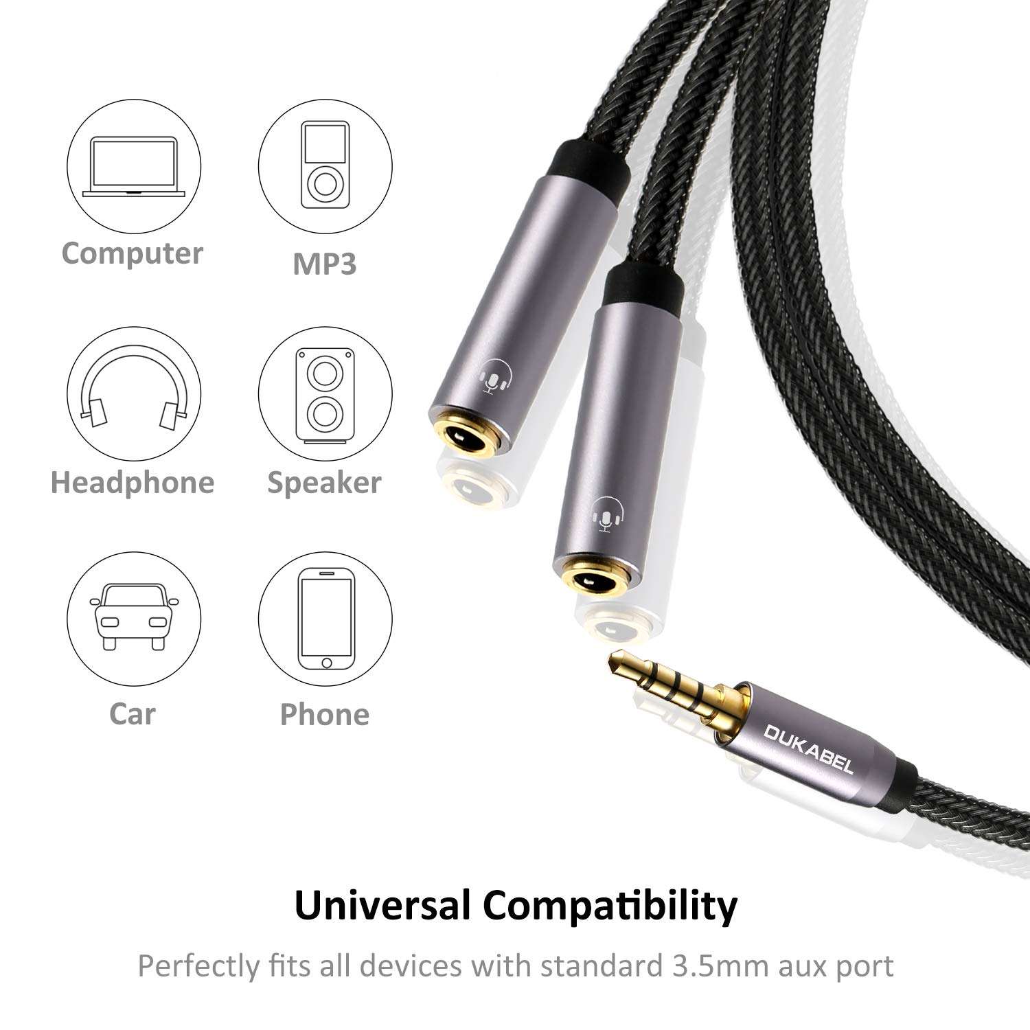 DUKABEL Headphone Splitter, Strong Braided & Gold-Plated 3.5mm Stereo Audio Y Splitter Cable 4-Pole Male to 2-Female Port Audio Stereo Cable Dual Headphone Jack Adapter Top Series 3