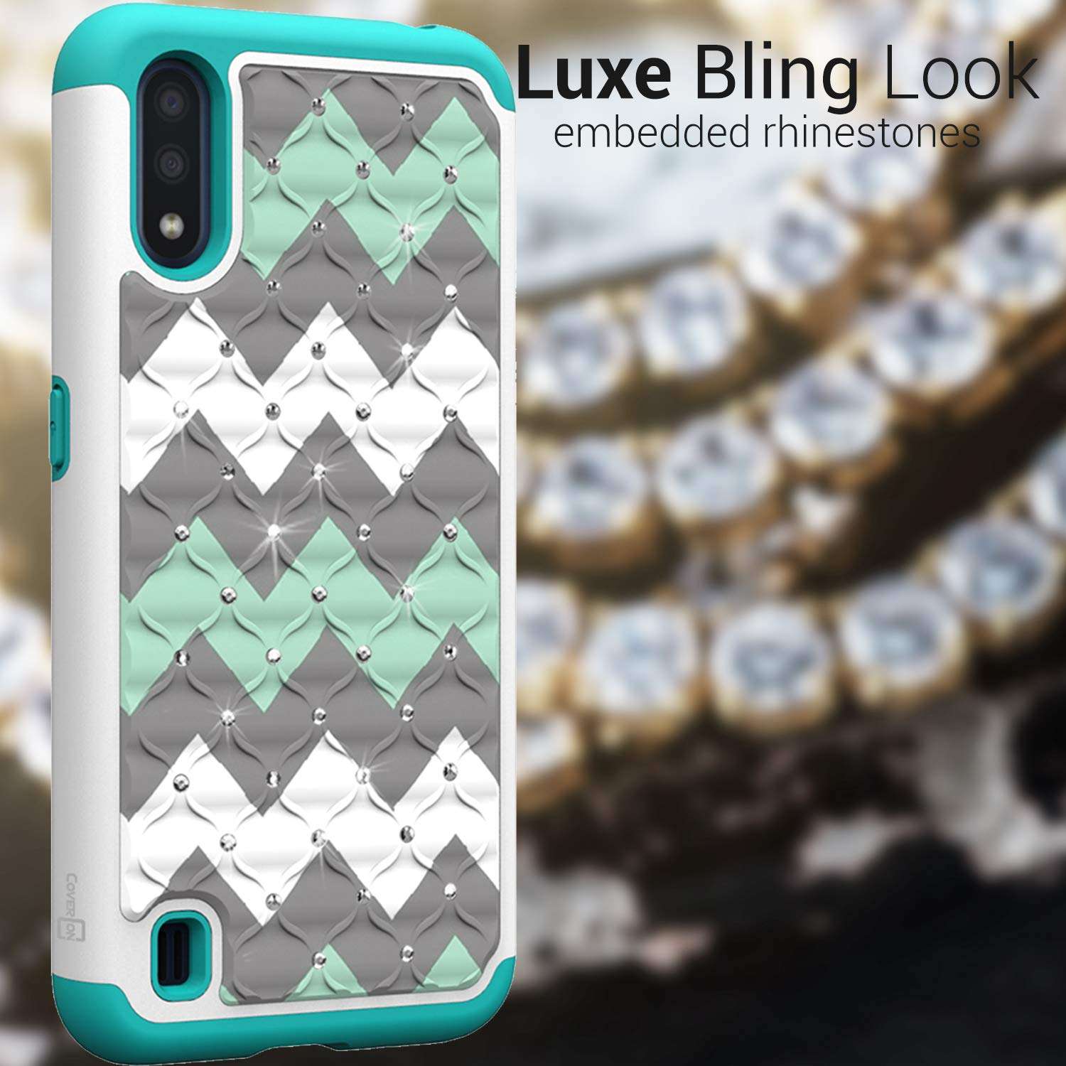 CoverON Bling Hybrid Aurora Series Diamond Bling Rhinestone Dual Cover for Samsung Galaxy A01 Case - Teal Chevron 6