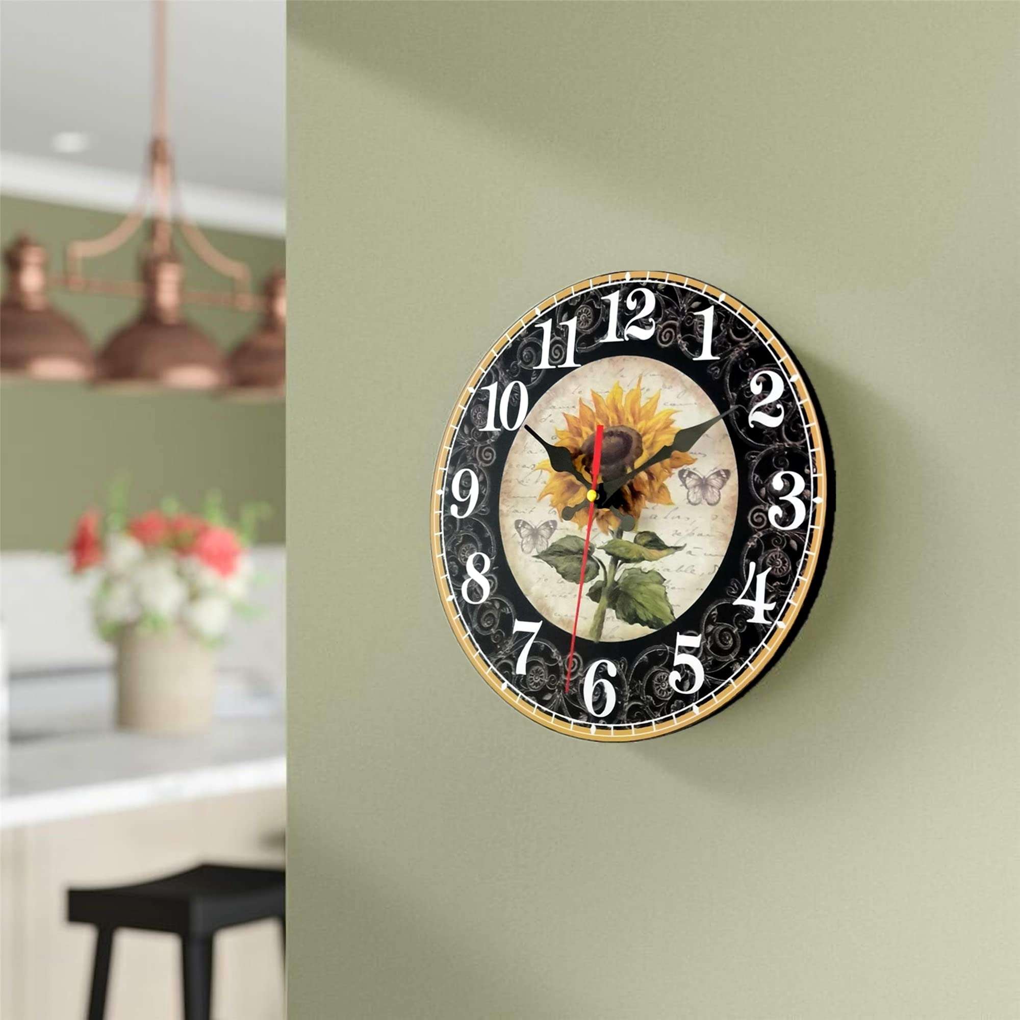 Qukueoy 12 Inch Sunflower Kitchen Wall Clock Rustic Farmhouse Clocks, Thick Wood Home Decor Sunflowers for Bedroom, Office, Dinning Room, Silent Battery Operated (Black) 5
