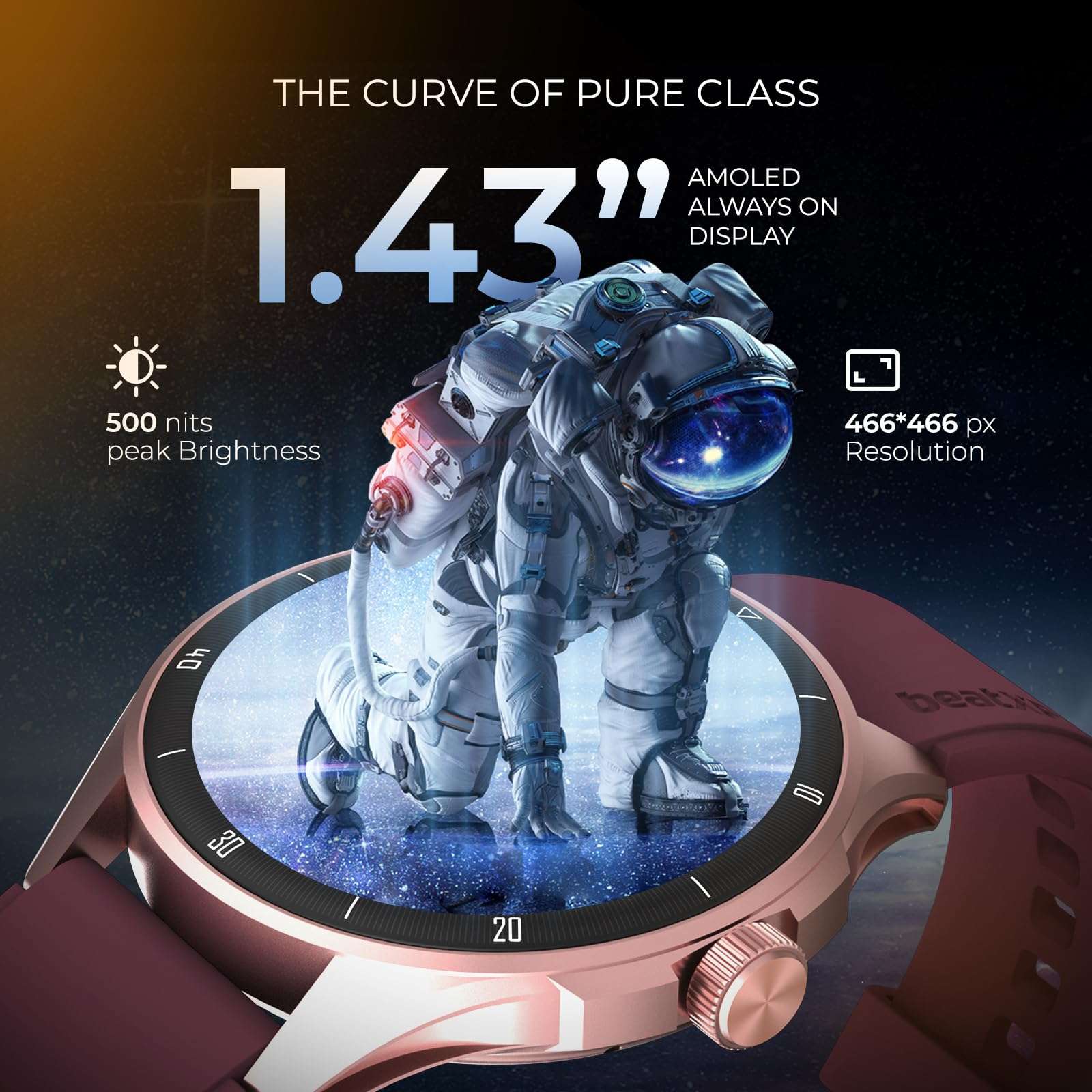 beatXP Vega Neo 1.43" (3.6 cm) Super AMOLED Display, One-Tap Bluetooth Calling Smart Watch, Metal Body, 466 * 466px, 500 Nits Brightness (Gold & Deep Wine) 4