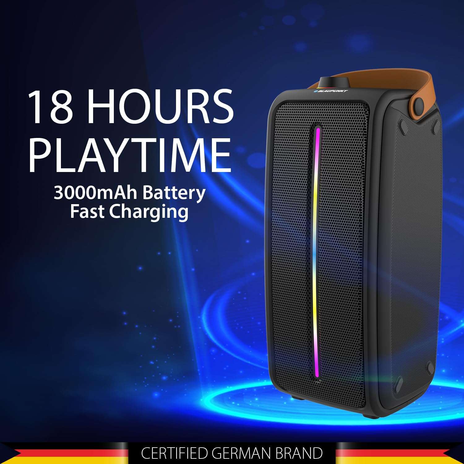 Blaupunkt Atomik PS30 Pro Wireless Bluetooth 30W Outdoor Party Speaker, Dual Passive Radiatori 3000Mah Battery I Dynamic RGB Lights I Karaoke With Wired Mic I EQ Button I Flexible Carrying Strap,Black 3