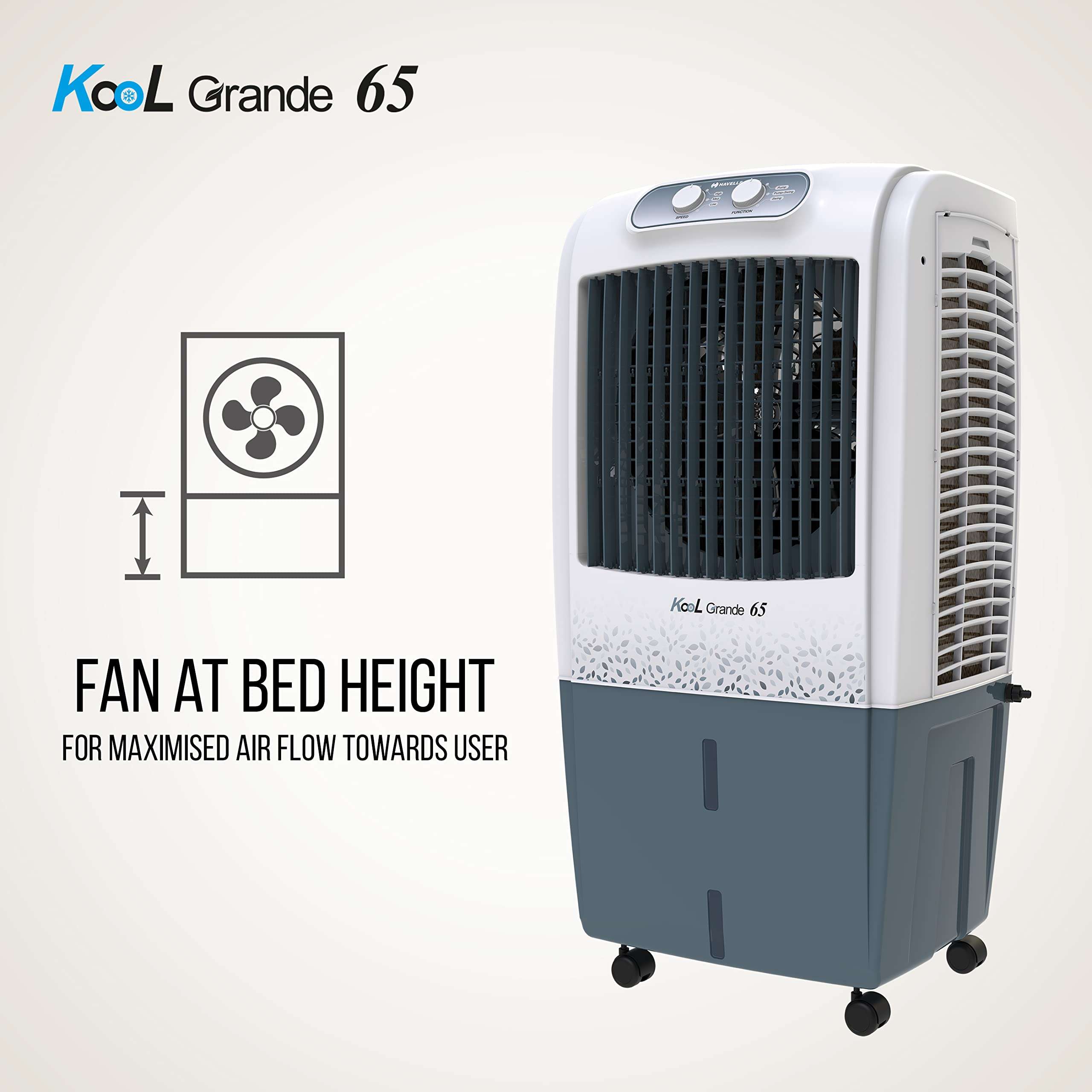 Havells Kool Grande 65L Air Cooler for home | Powerful Air Delivery | Everlast Pump | Ice Chamber, Thermal Overload Protection | 3 Side High Density Honeycomb Pads | Heavy Duty (White/Grey) 6
