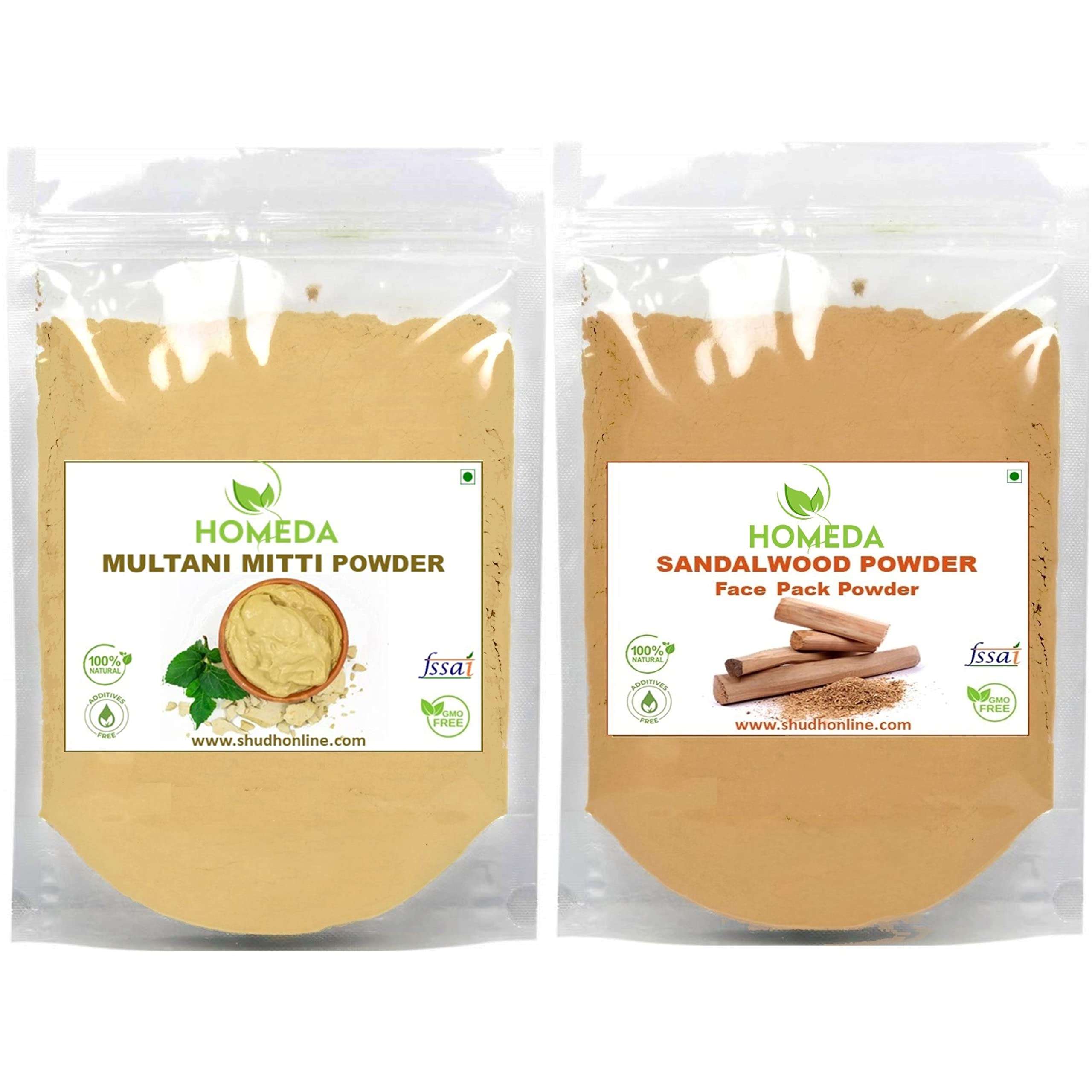 Homeda Pure Sandalwood and Multani Mitti Powder Organic (1000 Grams each - 2 Kg) for Face Pack, Skin | Chandan, Sandlewood, Fullers Earth, Chandanam, Multhani Matti, Bentonite Clay