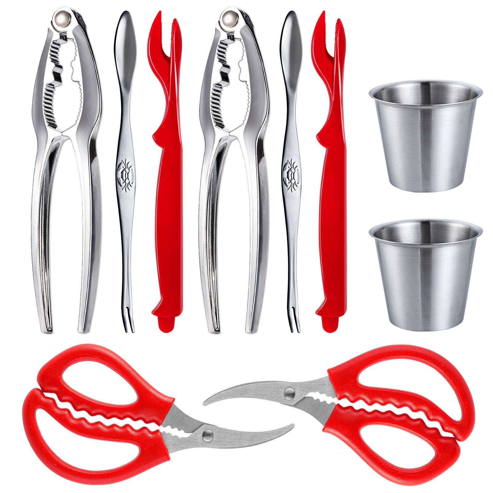 Seafood Tools Set, Crab Crackers and Tools with 2 Seafood Scissors, 2 Lobster Crackers, 2 Seafood Forks and 2 Butter Cups, 2 Red Lobster Leg knife, Crab Crackers Tools Set for Seafood Boil(10 Pcs) 1