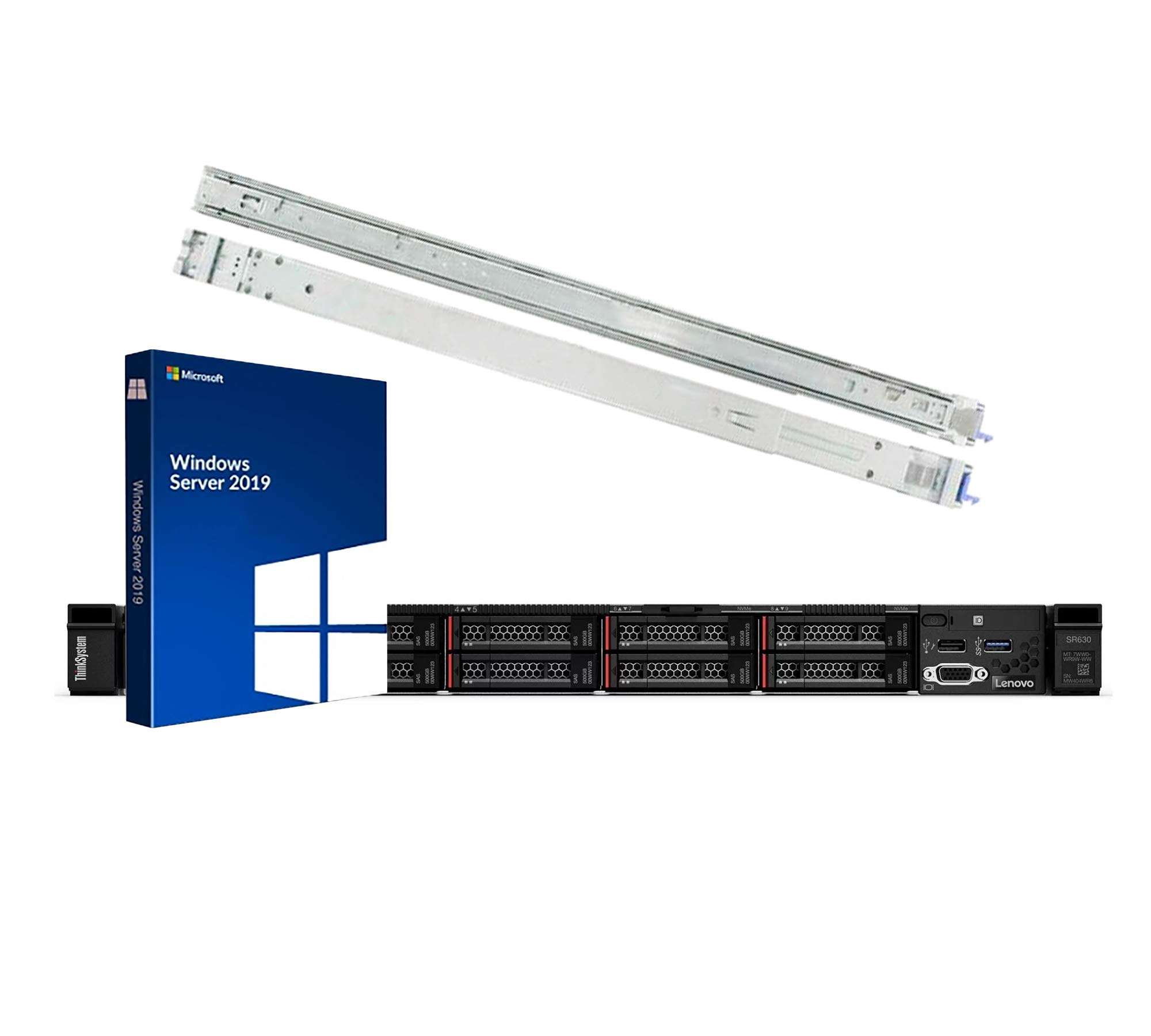 Lenovo ThinkSystem SR630 Rack Server Bundle with Rail Kit, Windows Server 2019, 2 x Intel Xeon Silver 4110 8-Core 2.10GHz, 64GB DDR4, 4TB SSD, RAID 1
