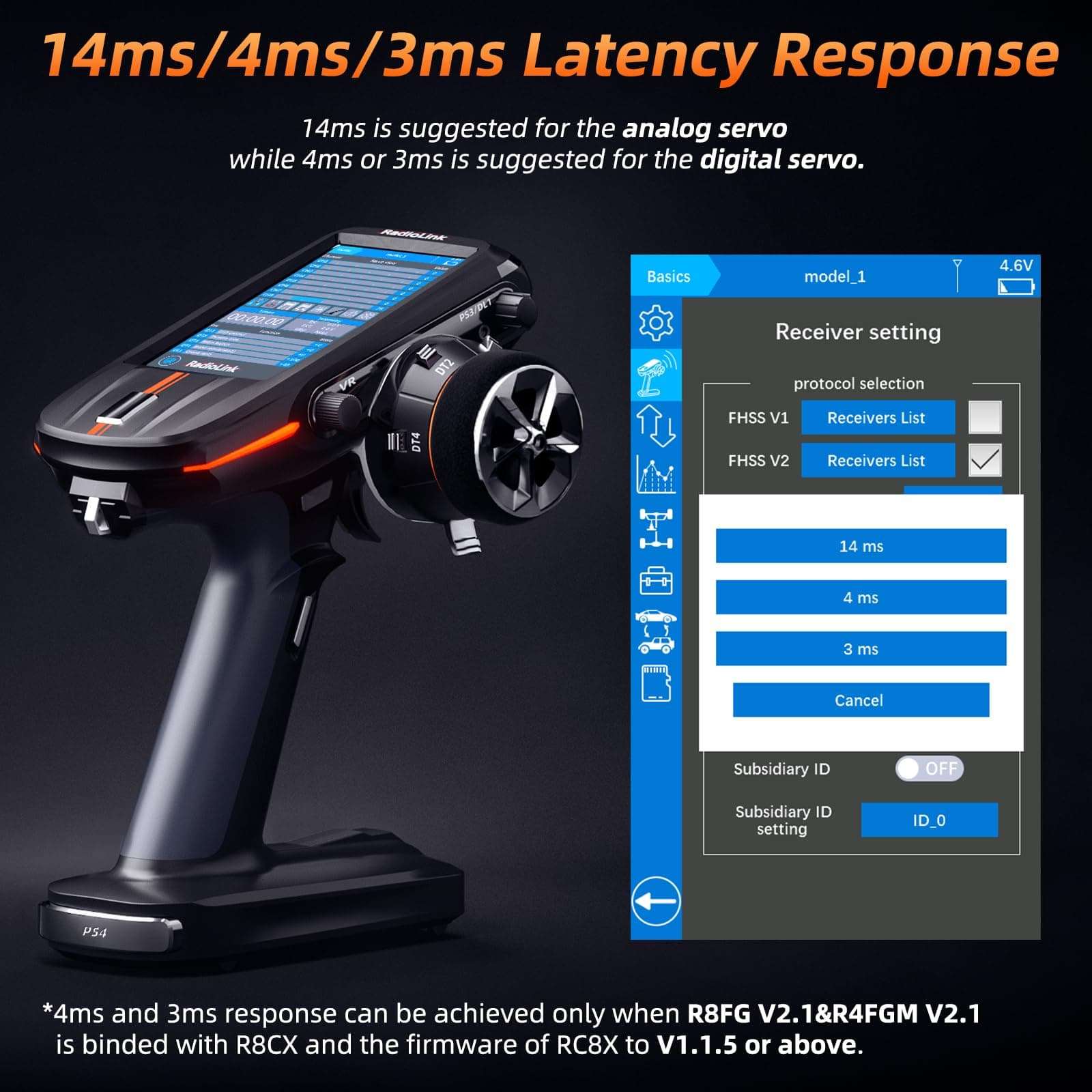 Radiolink RC8X 8 CH2.4G RC Transmitter and R8FG&R4FGM V2.2 Gyro Receiver, and Handwheel Replacement, Telemetry Surface Remote Controller, 4.3" IPS Touch FPV Screen for RC Crawler/Drifting/Cars/Boats 4