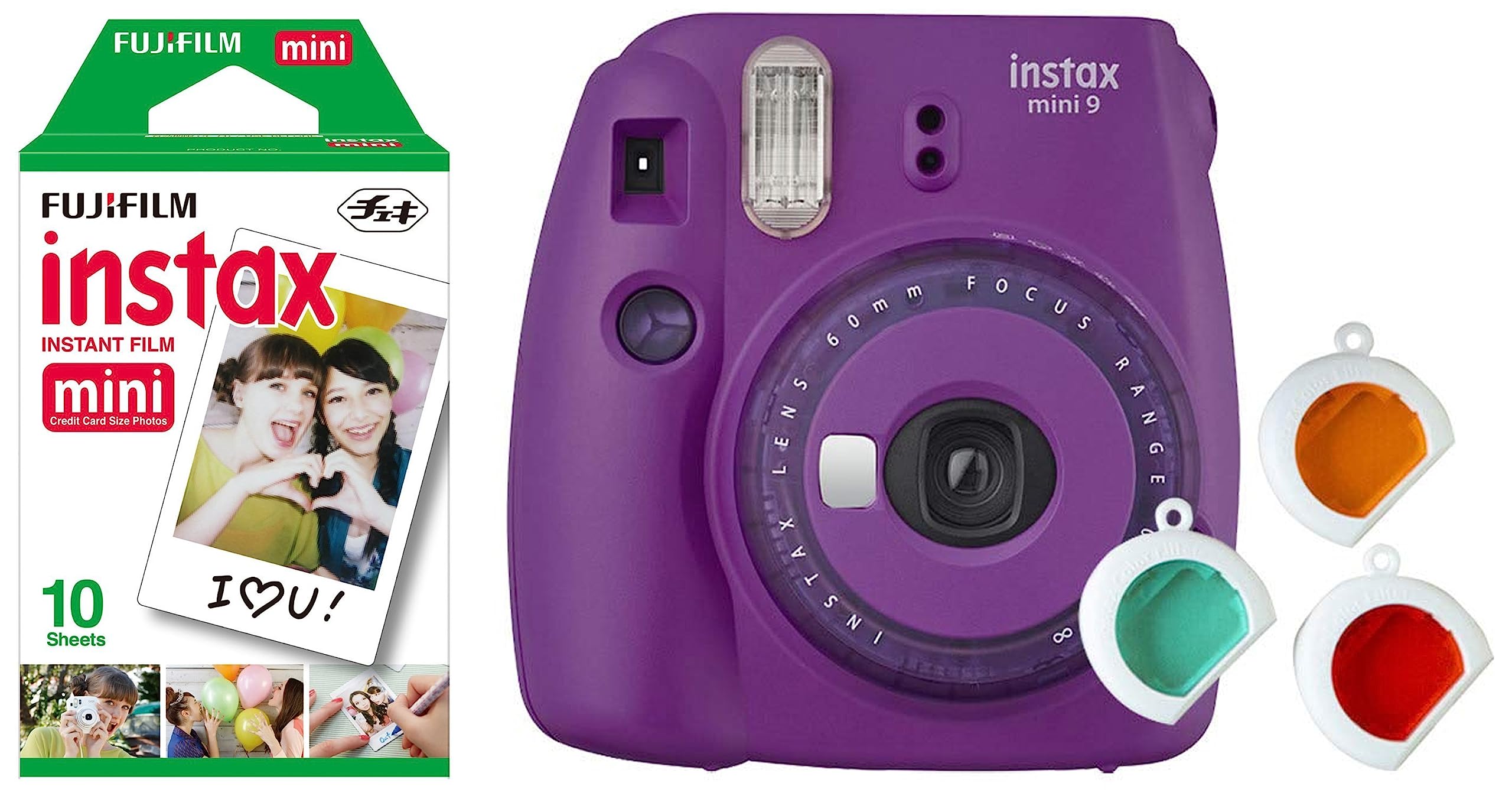 Fujifilm Instax Mini 9 Instant Camera (Clear Purple) & Instax Mini Single Pack 10 Sheets Instant Film for Fuji Instant Cameras