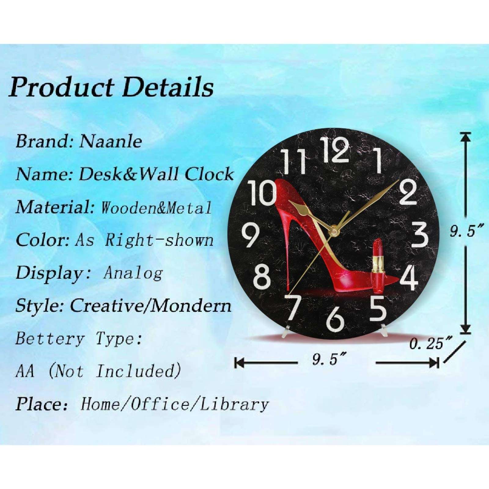 Naanle Trendy Red Shoe Llipstick Lady Black Round Wall Clock, 9.5 Inch Battery Operated Quartz Analog Quiet Desk Clock for Home,Kitchen,Office,School 2