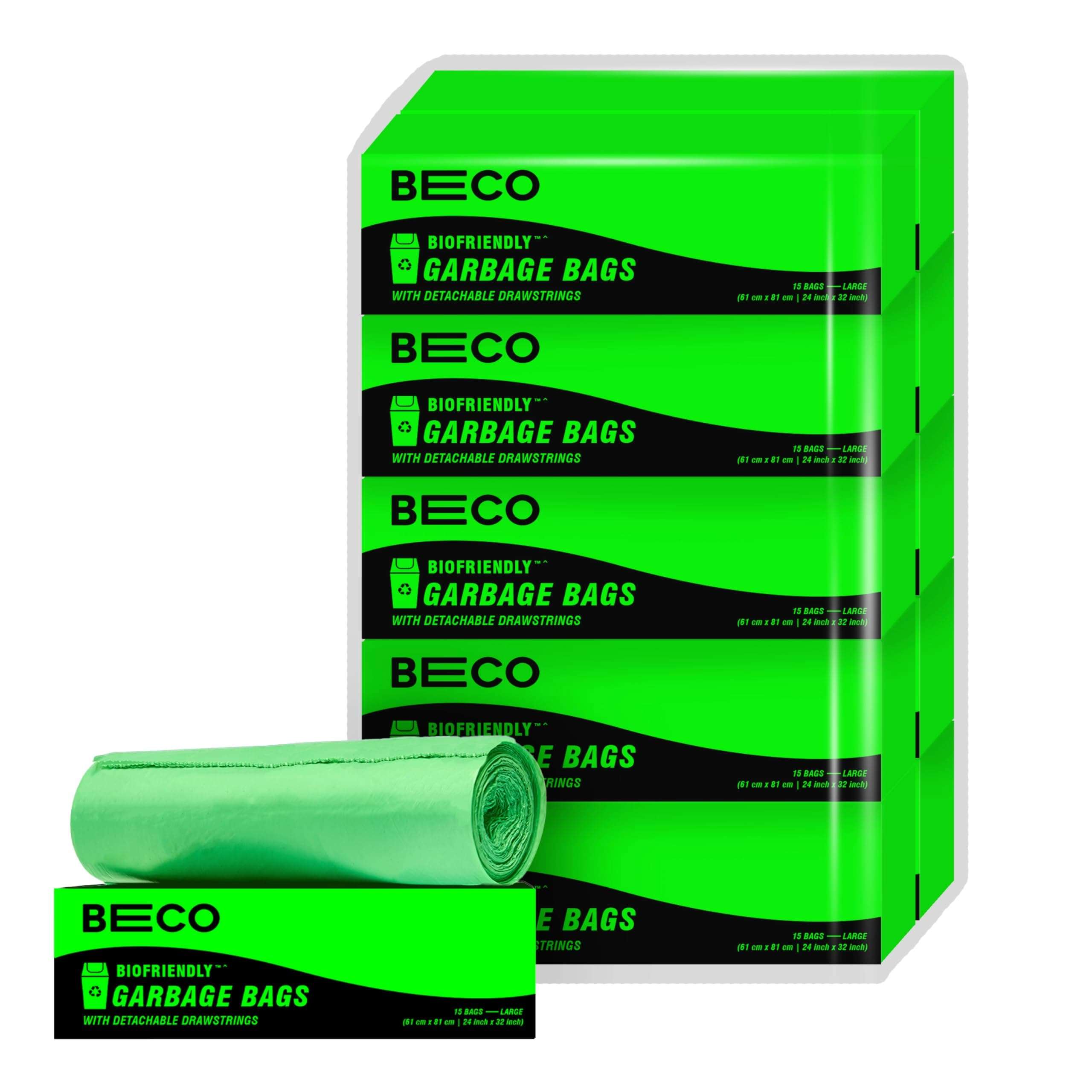 Beco Eco-Friendly Garbage Bags | 150 Pcs | Large- 24 x 32 Inches | 15 Bags x 10 Rolls | Green | Dustbin/Trash Bags with Detachable Drawstrings | For Dry & Wet waste