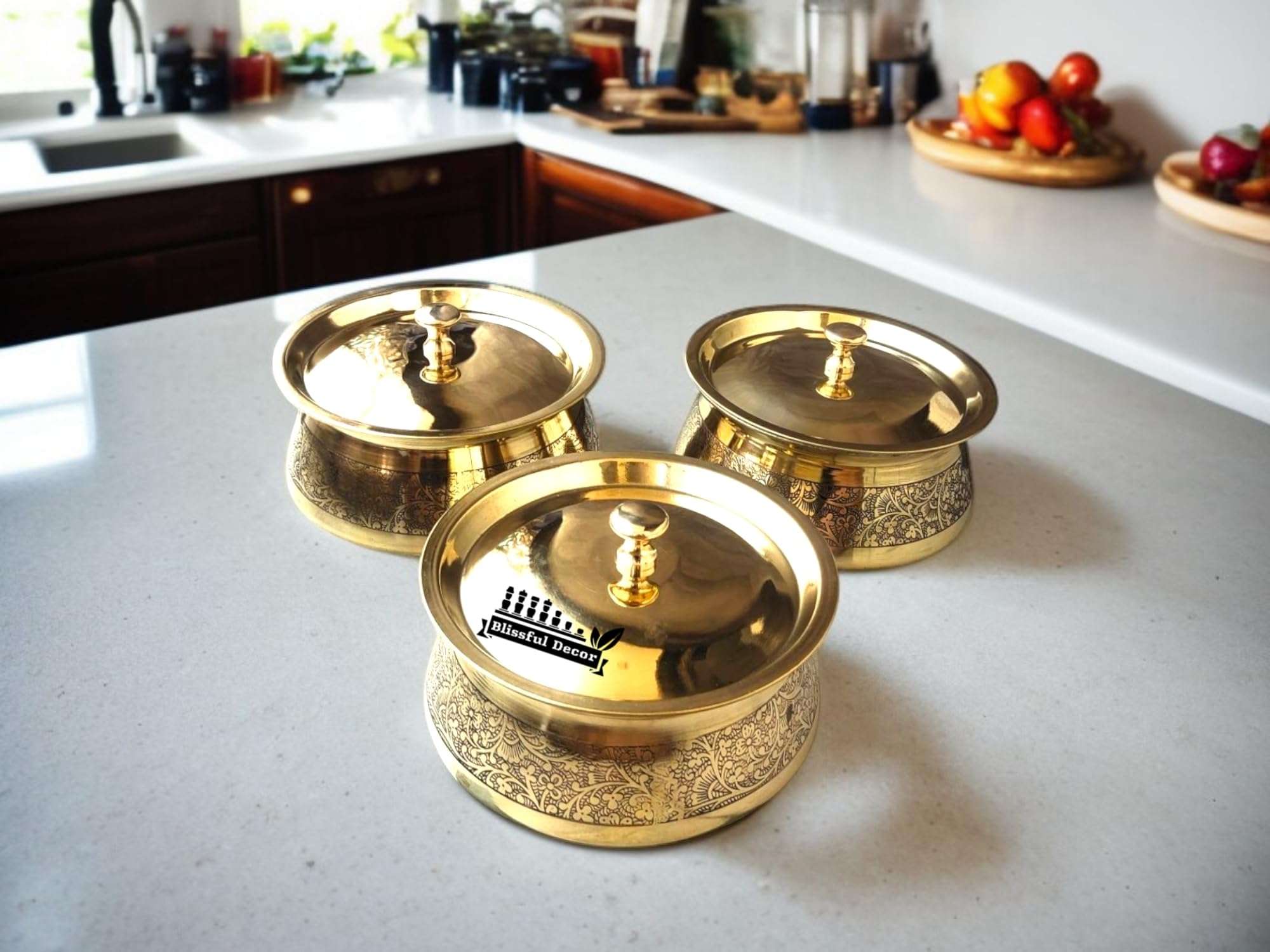 Blissful Decor Brass Kitchen Cooking Serving Pot |Biryani Handi|Embossed Design Casserole With Lid For Decoration Tableware, Home, Hotel, Restaurant Donga, (680 GMS each Capacity 1000 Ml) set of -3 4