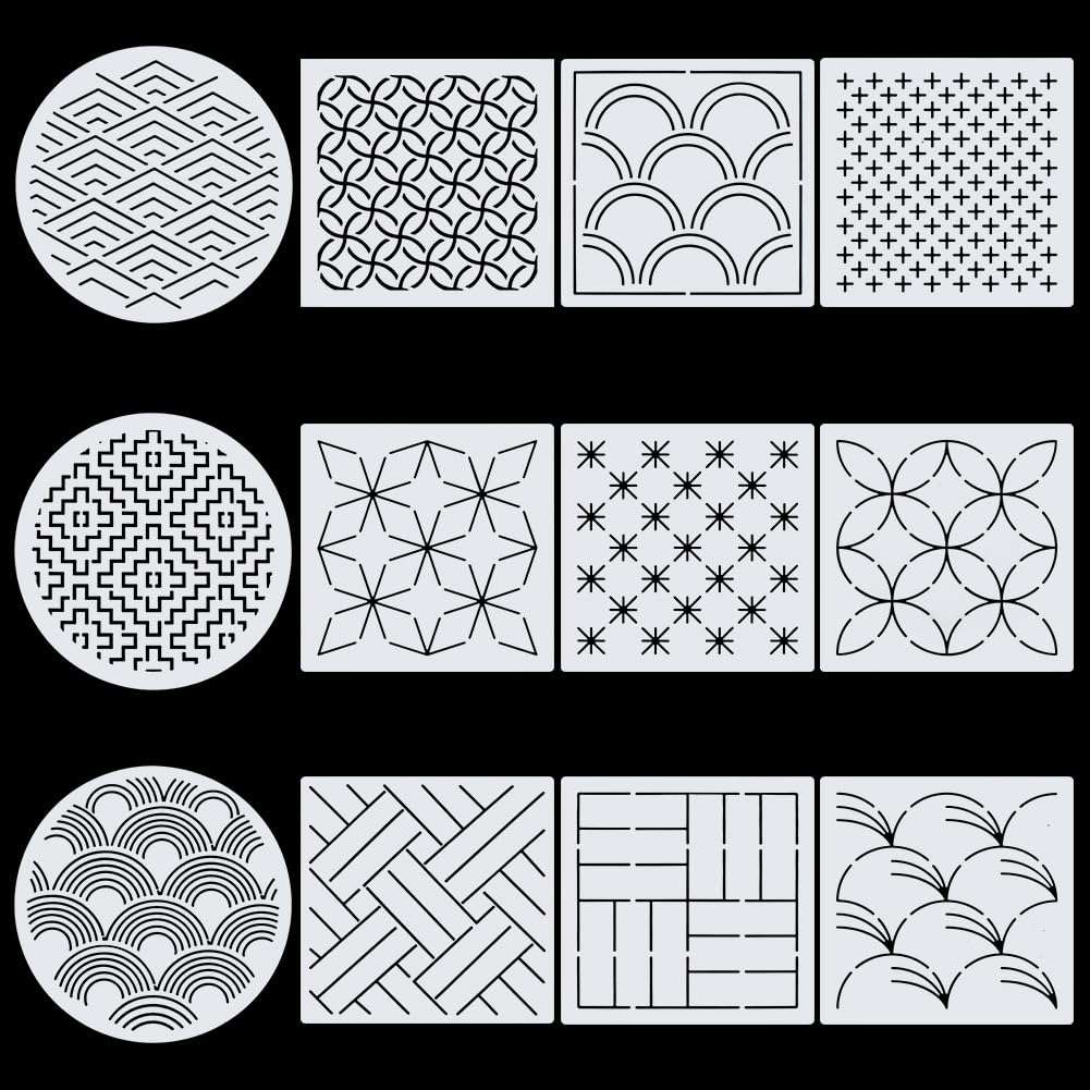 INFUNLY 12PCS Sashiko PET Template 5.9"×5.9" Geometric Sashiko Pattern Template Drawing Line Sashiko Template for Dresses Bags Wave Embroidery Stencils Square Sashiko Stencil for Hand Sewing Lovers 1
