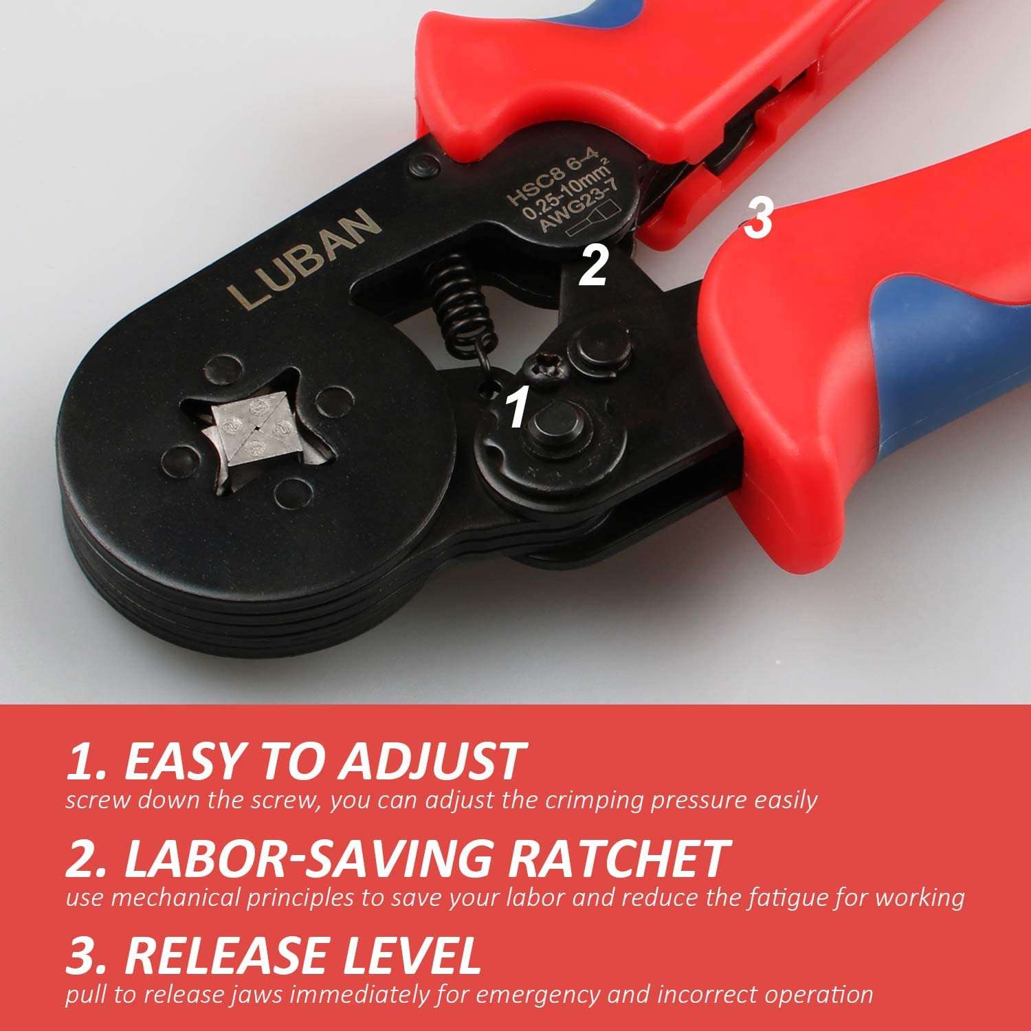 Ferrule Crimping Tool, Ferrule Crimper Plier (AWG23-7), Self-adjustable Ratchet Crimping Tool for Wire Ferrules Connectors Pin Terminals Cable End Sleeves AWG 23-7, 0.25-10mm² (Square Compression) 4