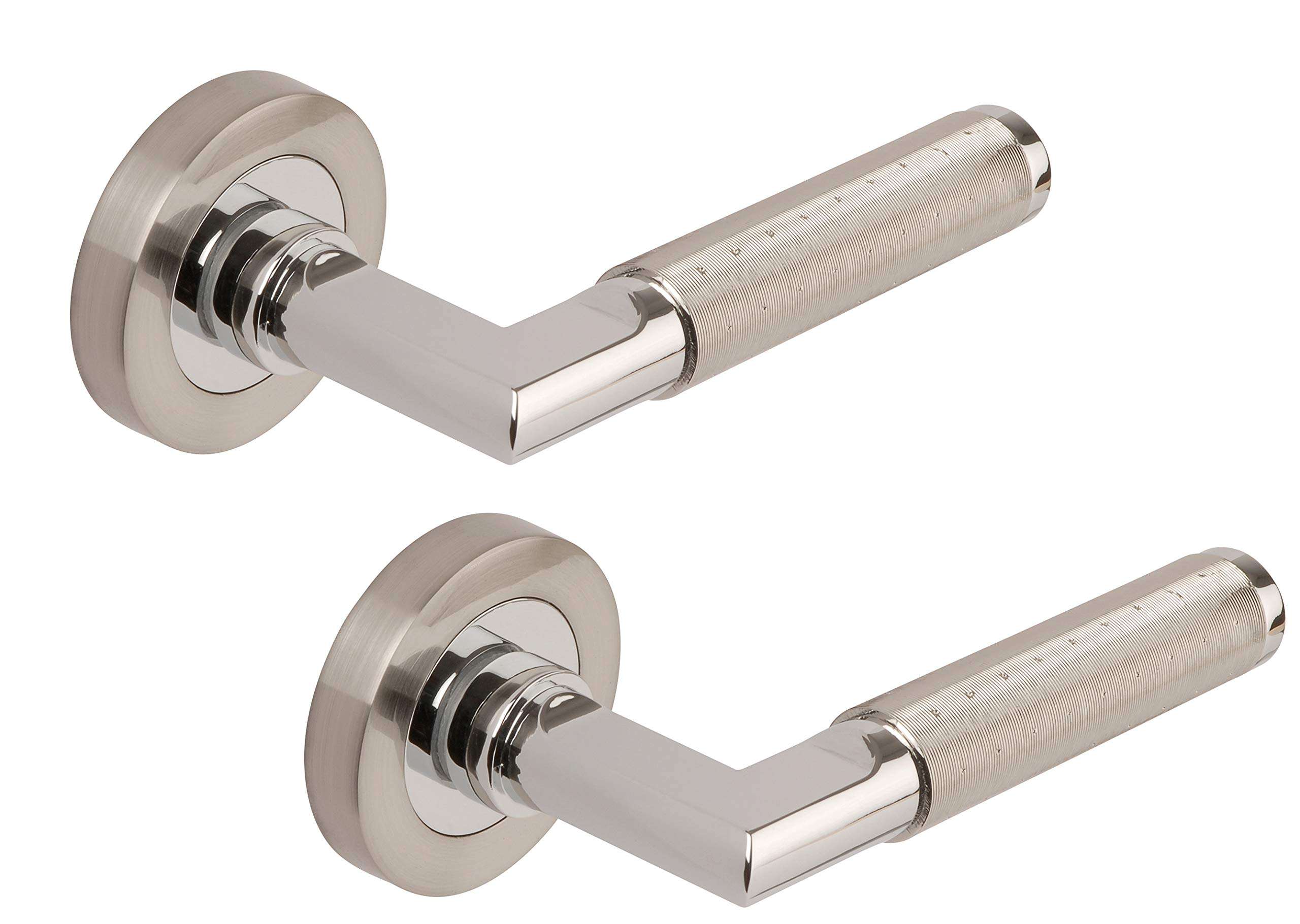 Excel Aura Passage Door Handles on Round Rose, Satin Nickel/Polished Chrome 1